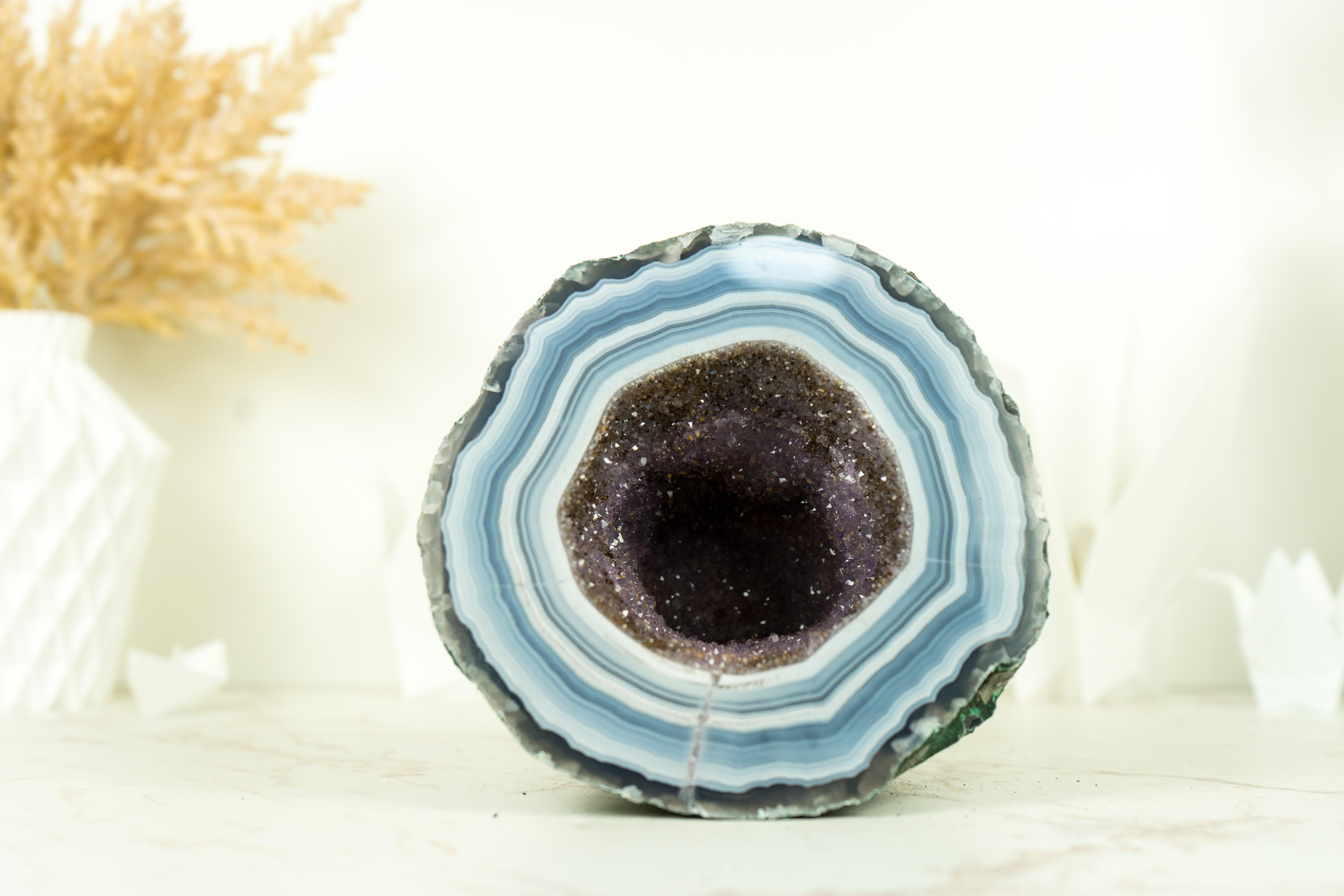 Amethyst Small Agate Geode with World-Class Blue Banded Agate and Galaxy Druzy