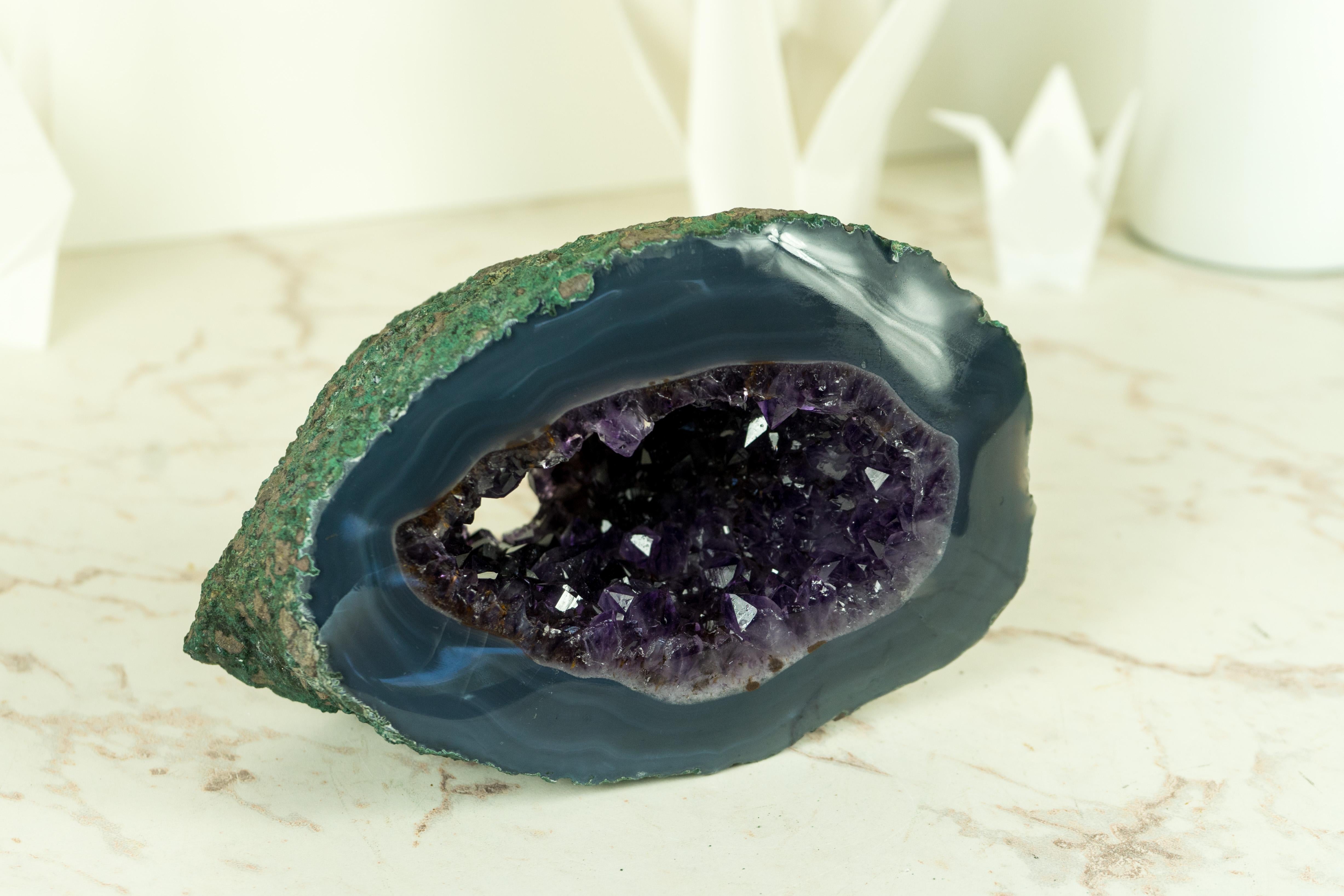 Small Agate with Amethyst Geode with Deep Purple Amethyst and Sea Blue Agate For Sale 5