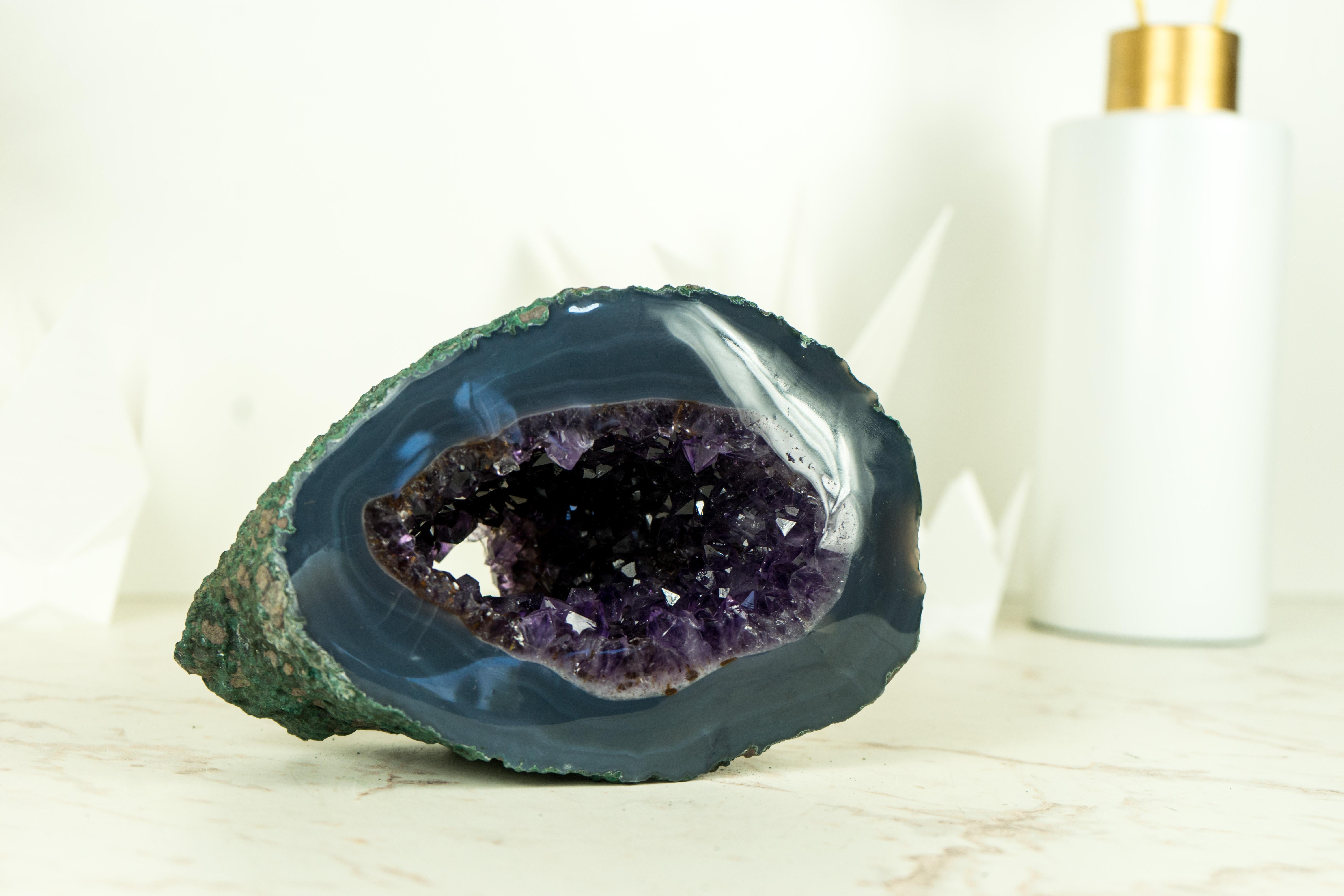 Brazilian Small Agate with Amethyst Geode with Deep Purple Amethyst and Sea Blue Agate For Sale
