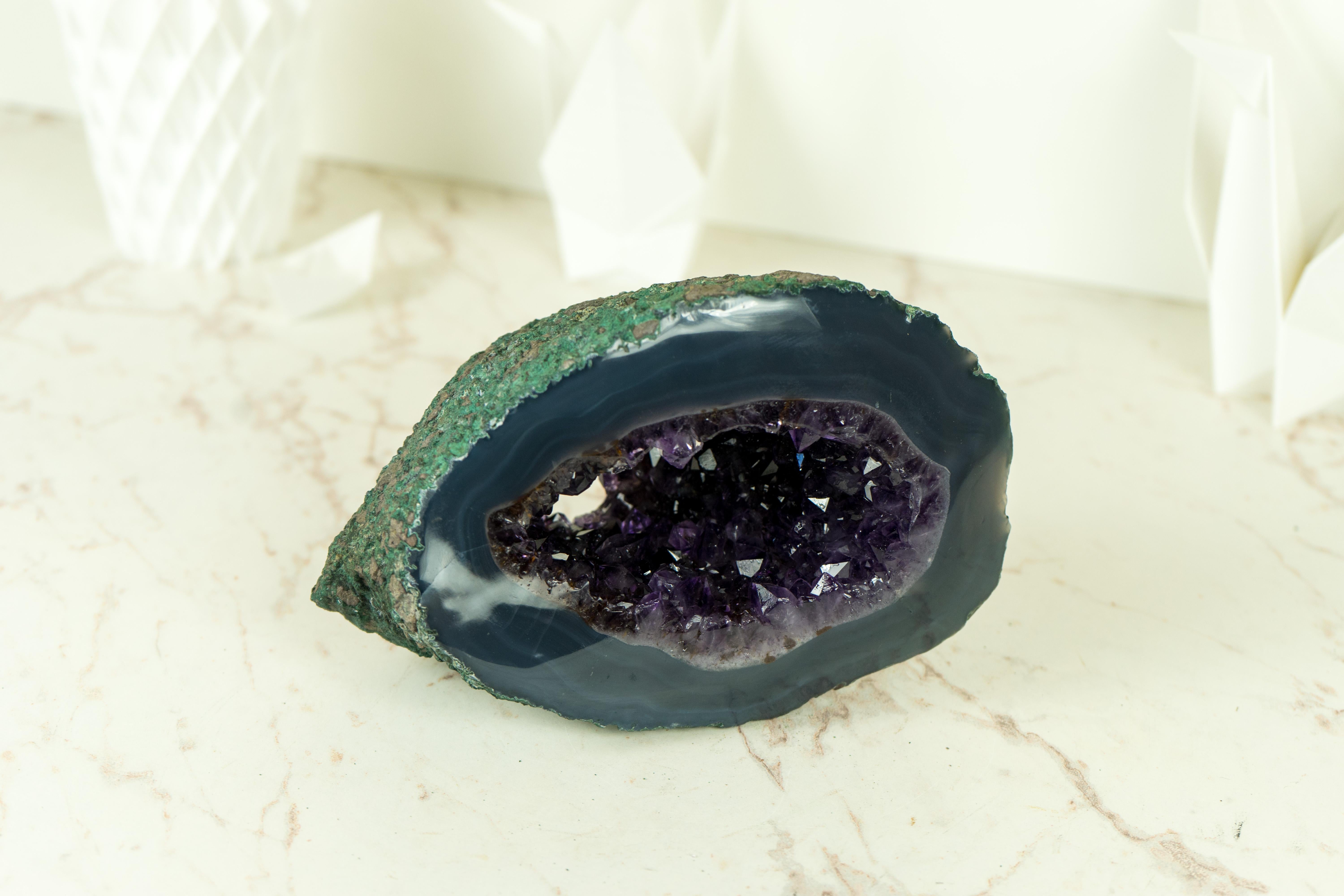 Contemporary Small Agate with Amethyst Geode with Deep Purple Amethyst and Sea Blue Agate For Sale