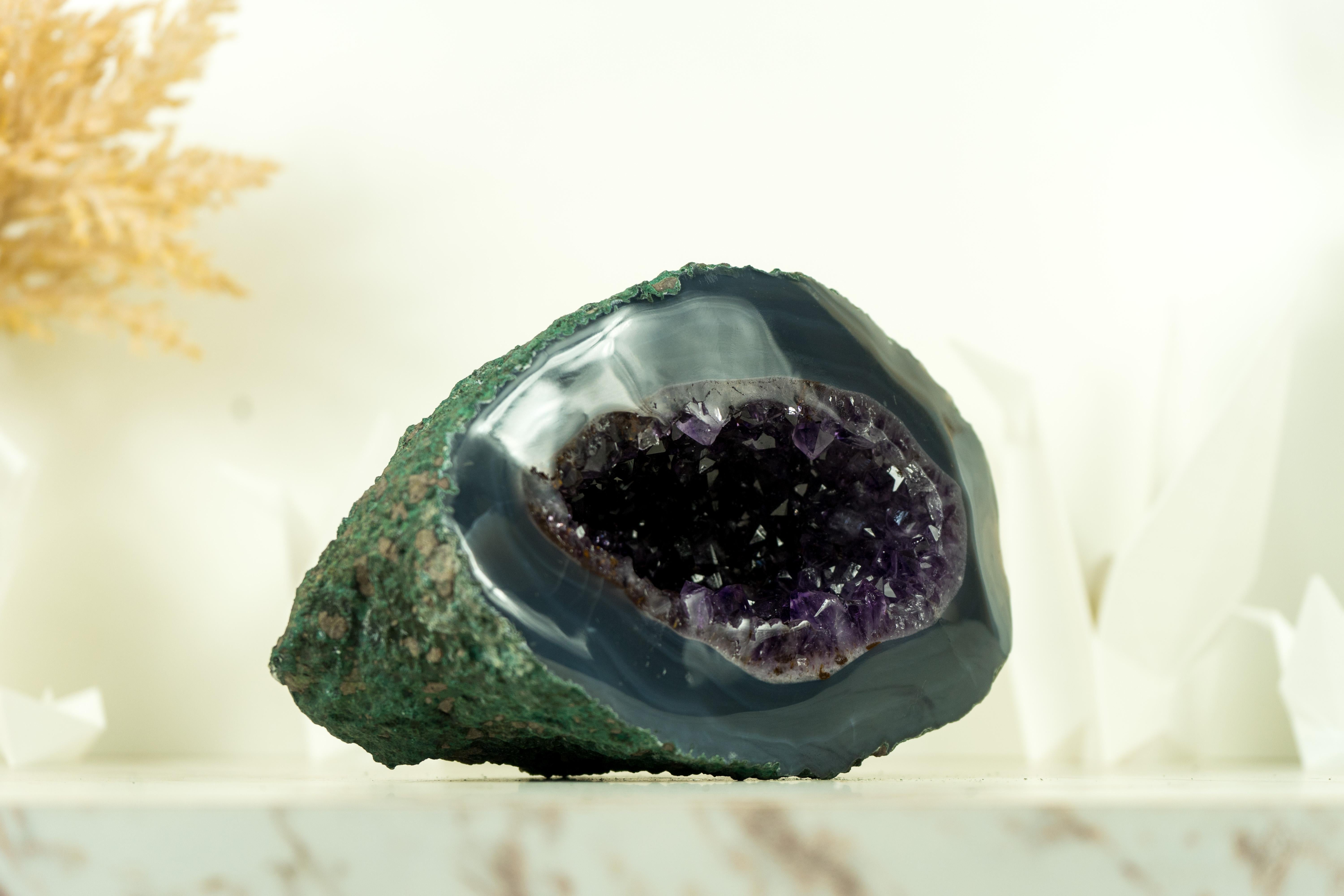Small Agate with Amethyst Geode with Deep Purple Amethyst and Sea Blue Agate For Sale 1