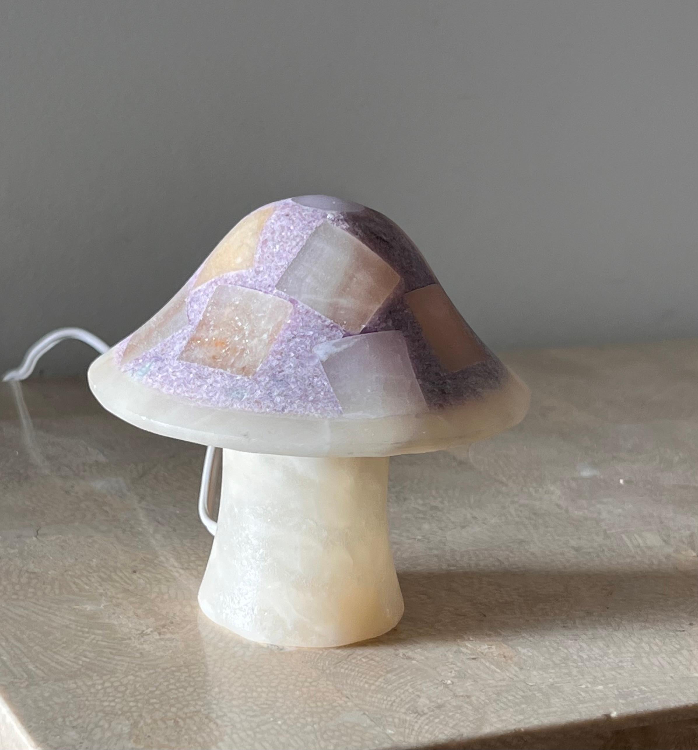 American Small alabaster and amethyst mushroom table lamp, late 20th century.