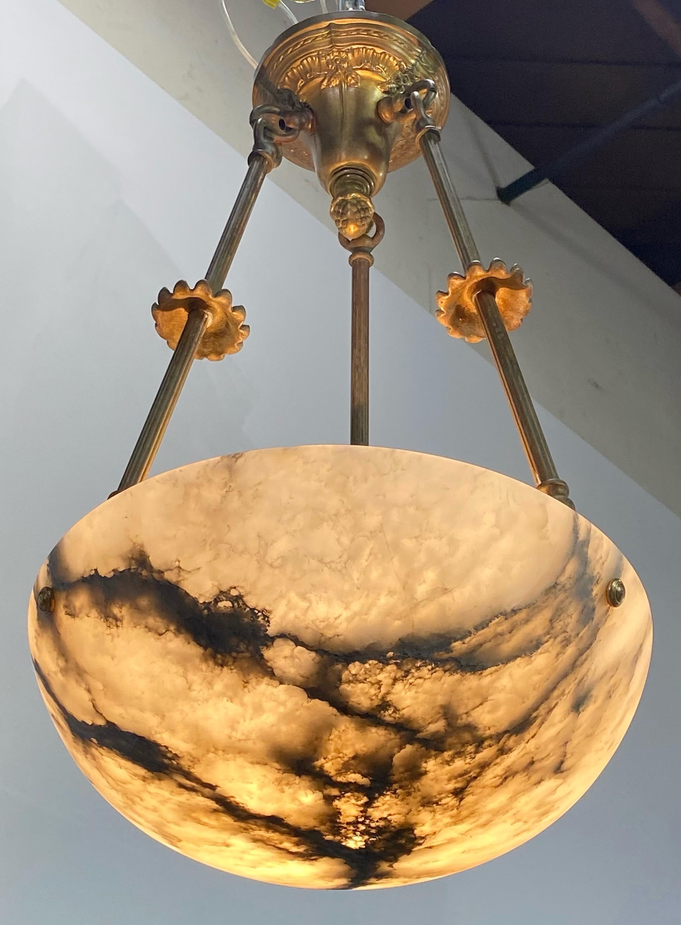 Brass Small Alabaster Pendant Ceiling Light Fixture, Early 20th Century