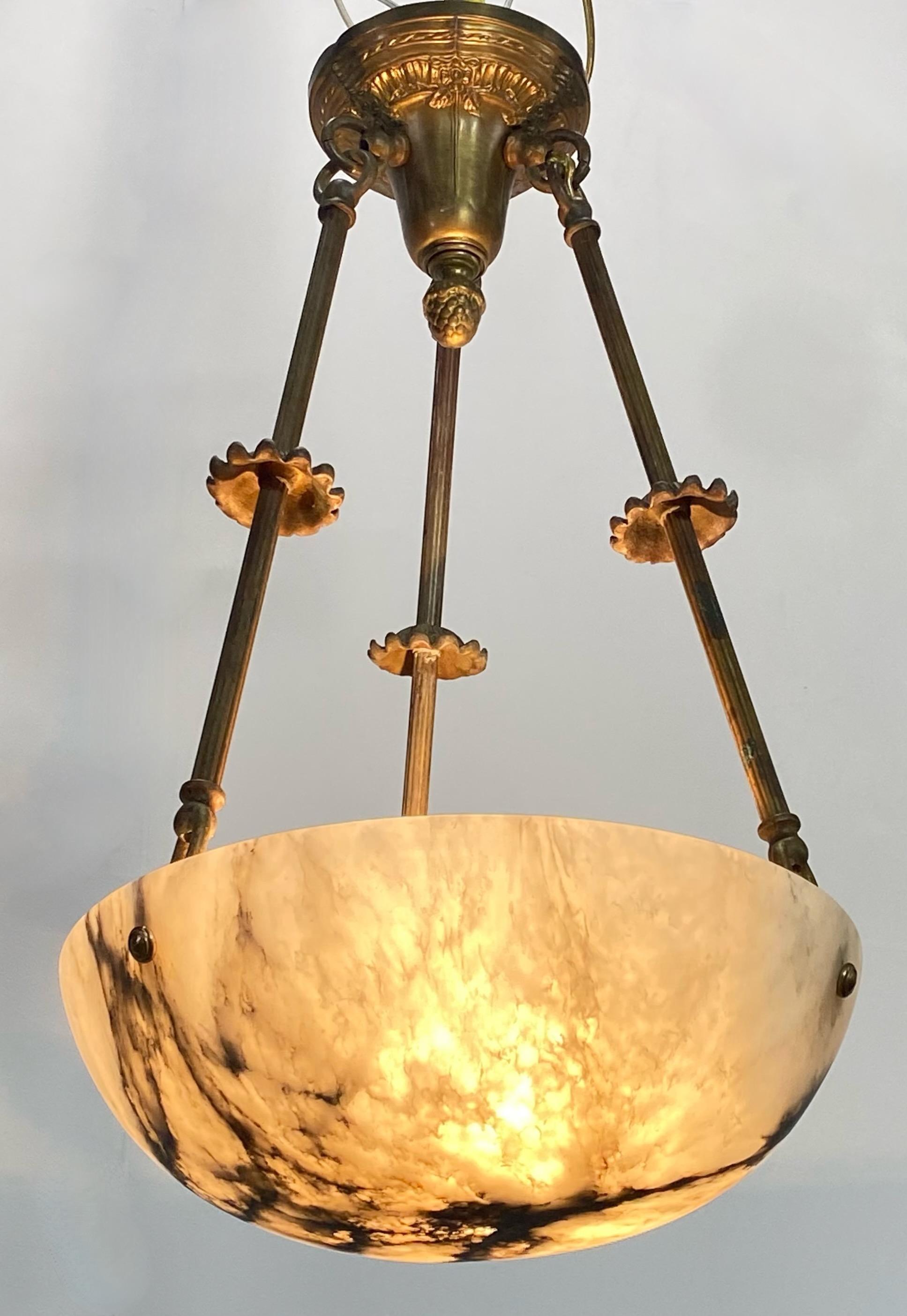 Small Alabaster Pendant Ceiling Light Fixture, Early 20th Century 1