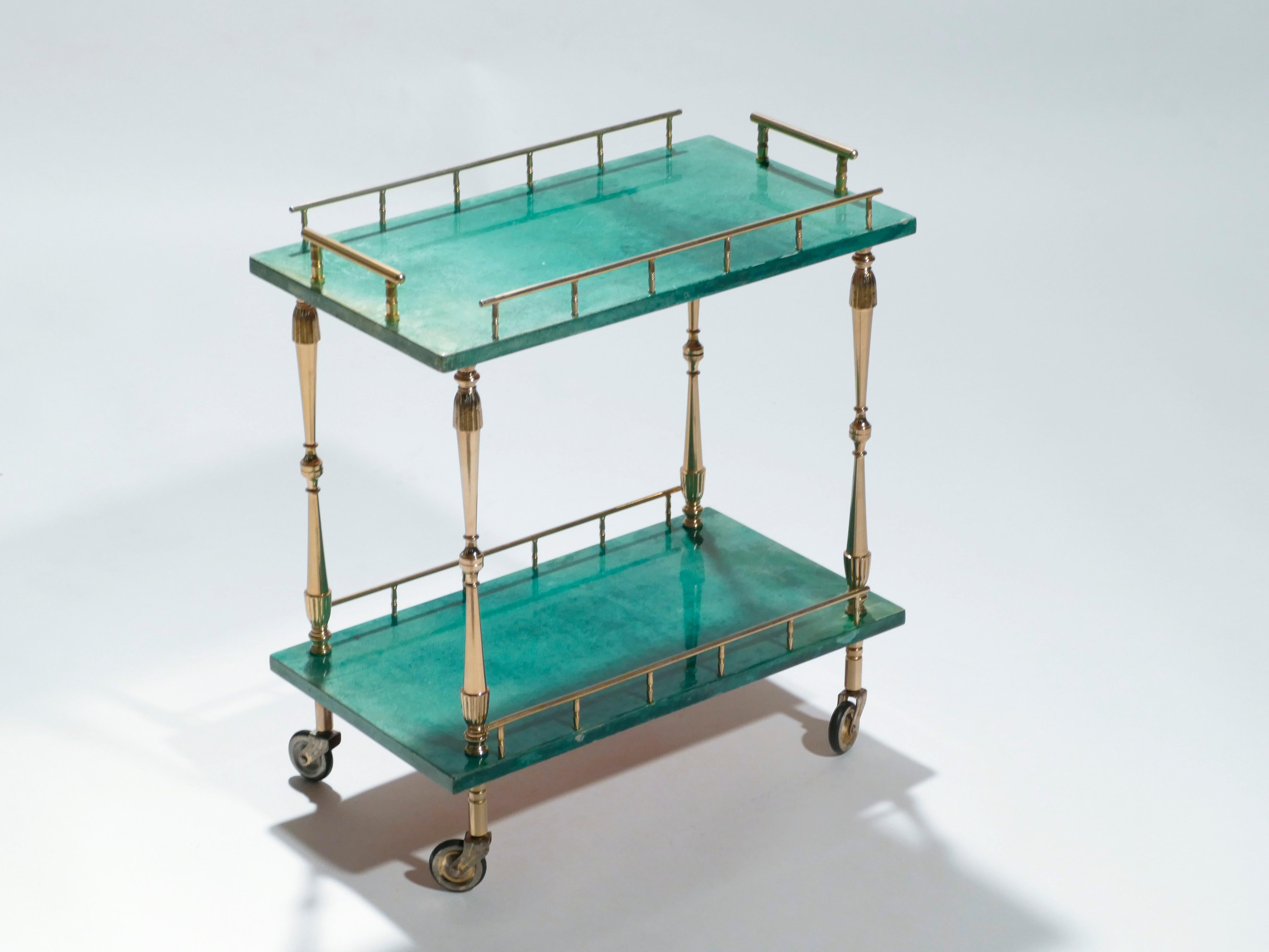 Mid-Century Modern Small Aldo Tura Goatskin Parchment Bar Cart, 1950s