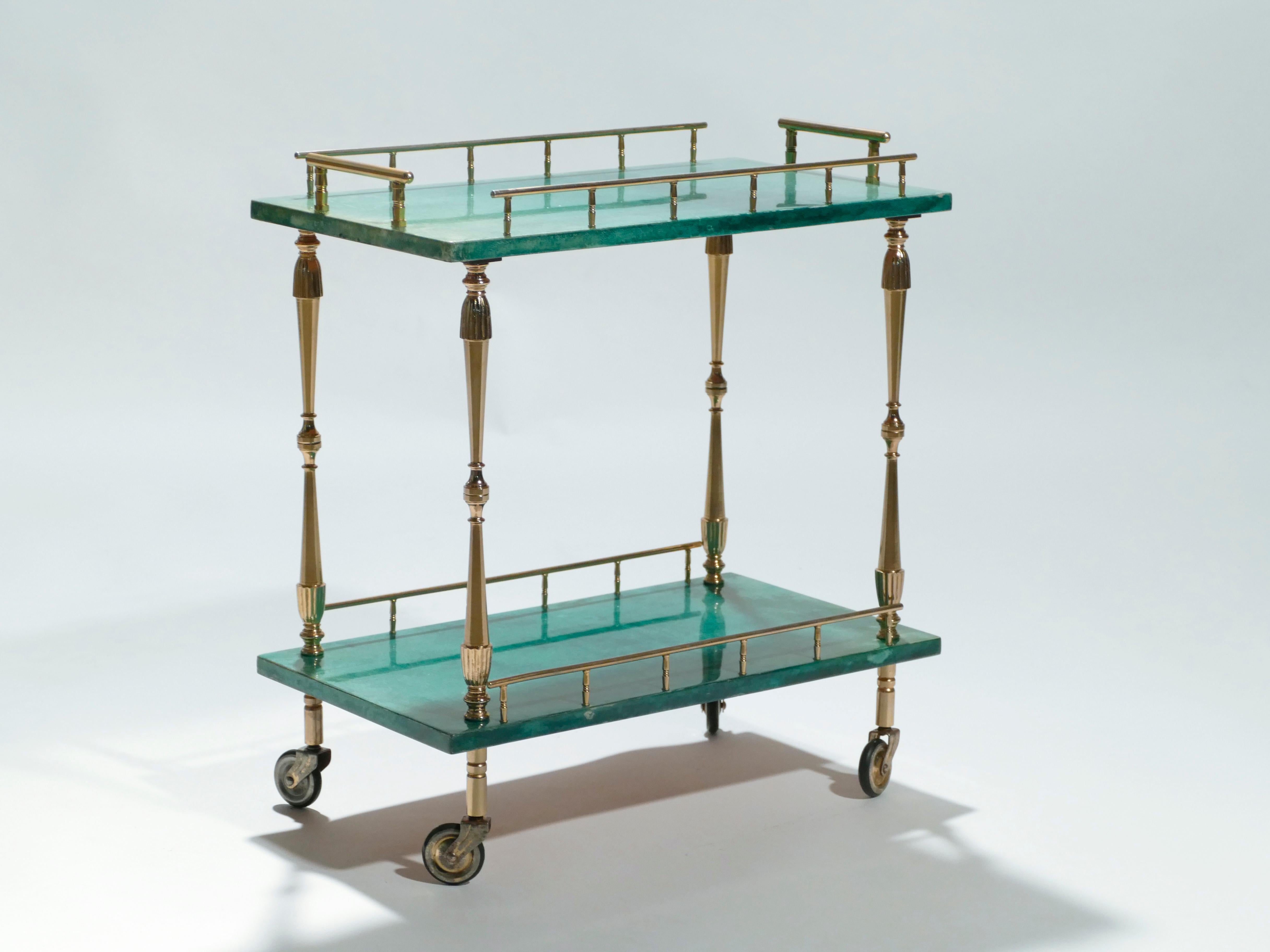 Italian Small Aldo Tura Goatskin Parchment Bar Cart, 1950s