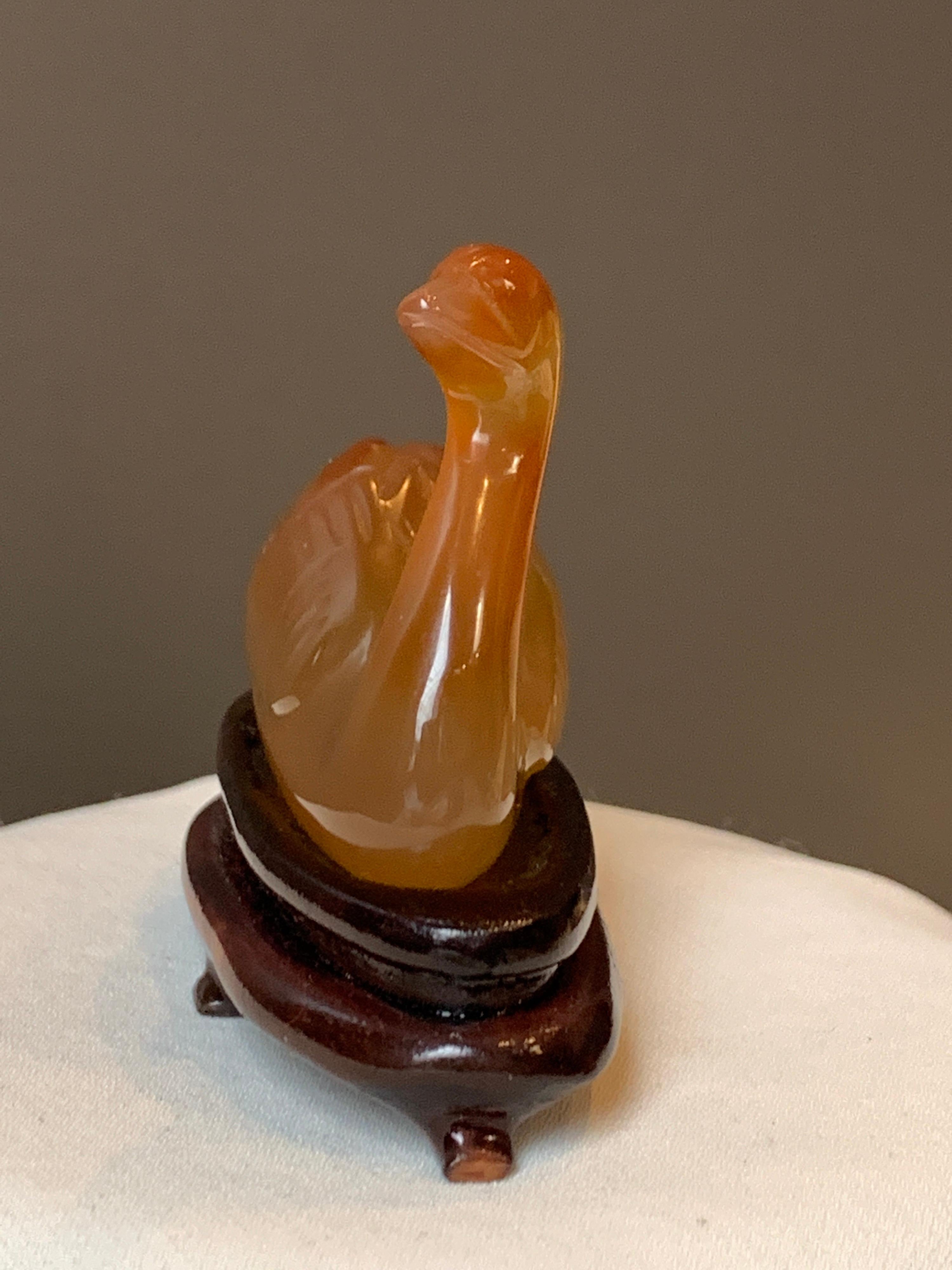 Small Amber Chinese Decorative Swan on a Wooden Stand In Good Condition In Sofia, BG