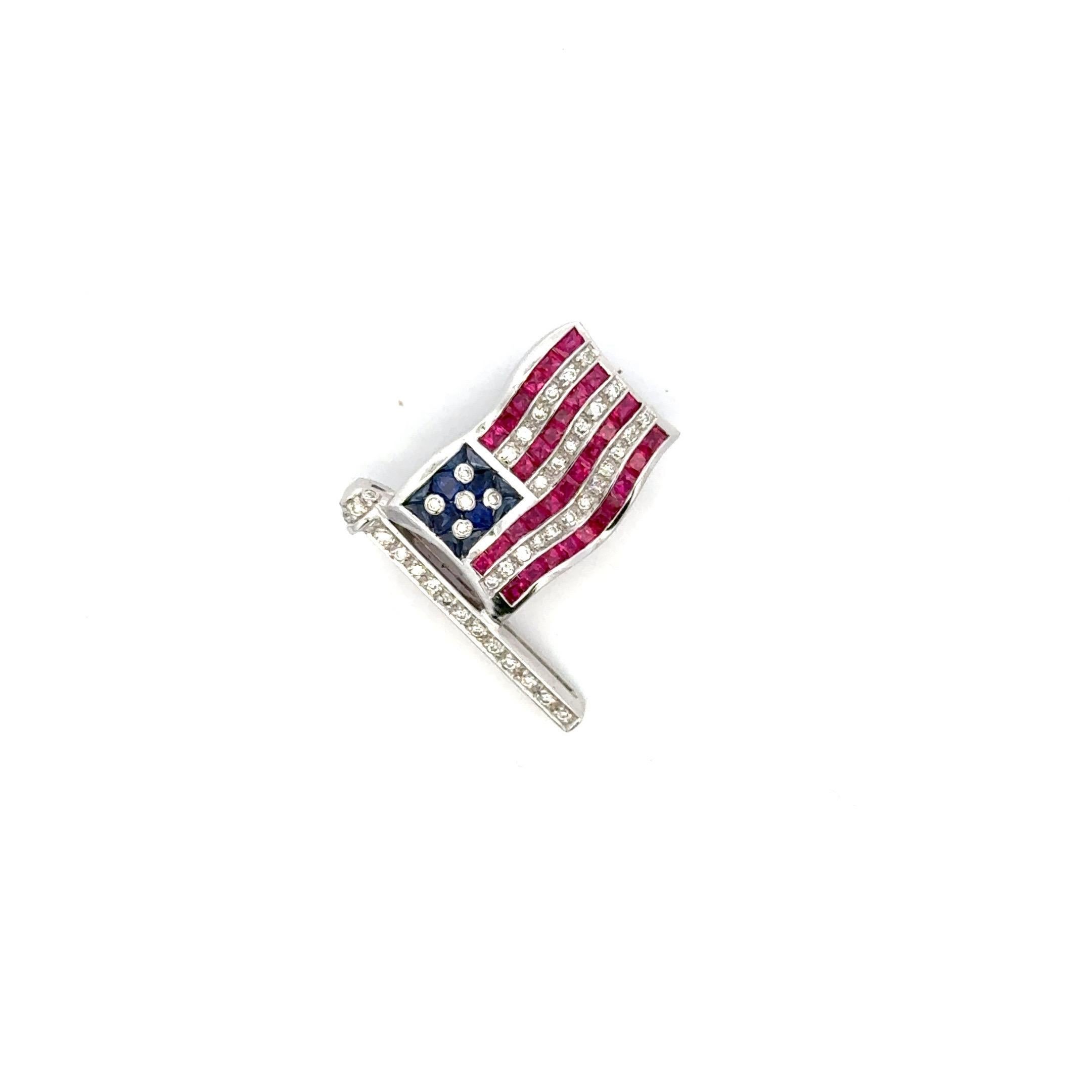 Contemporary American Flag Brooch Diamond Ruby Sapphire 18 Karat White Gold