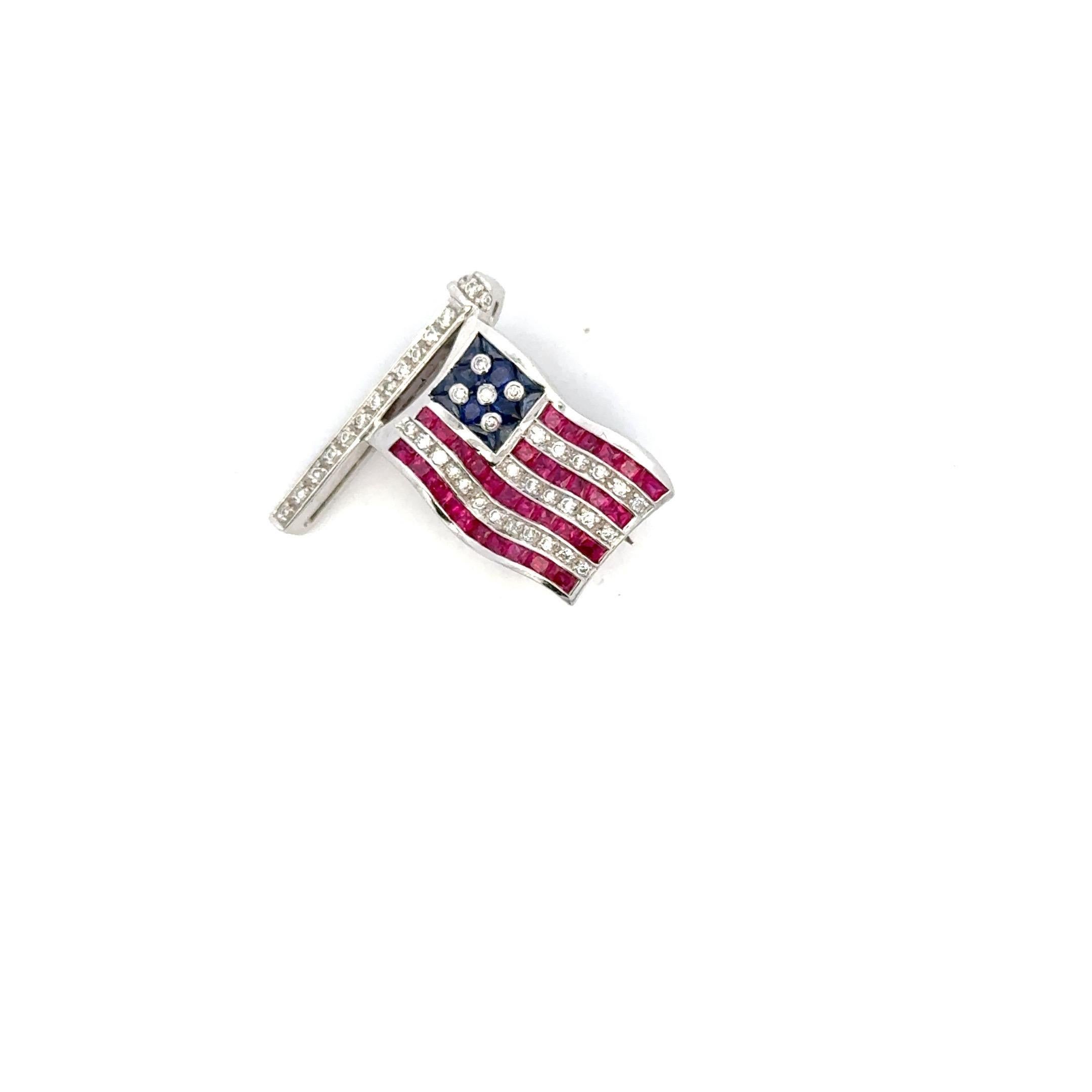 Round Cut American Flag Brooch Diamond Ruby Sapphire 18 Karat White Gold