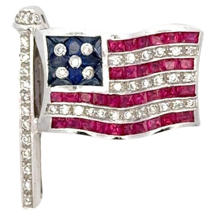 American Flag Brooch Diamond Ruby Sapphire 18 Karat White Gold
