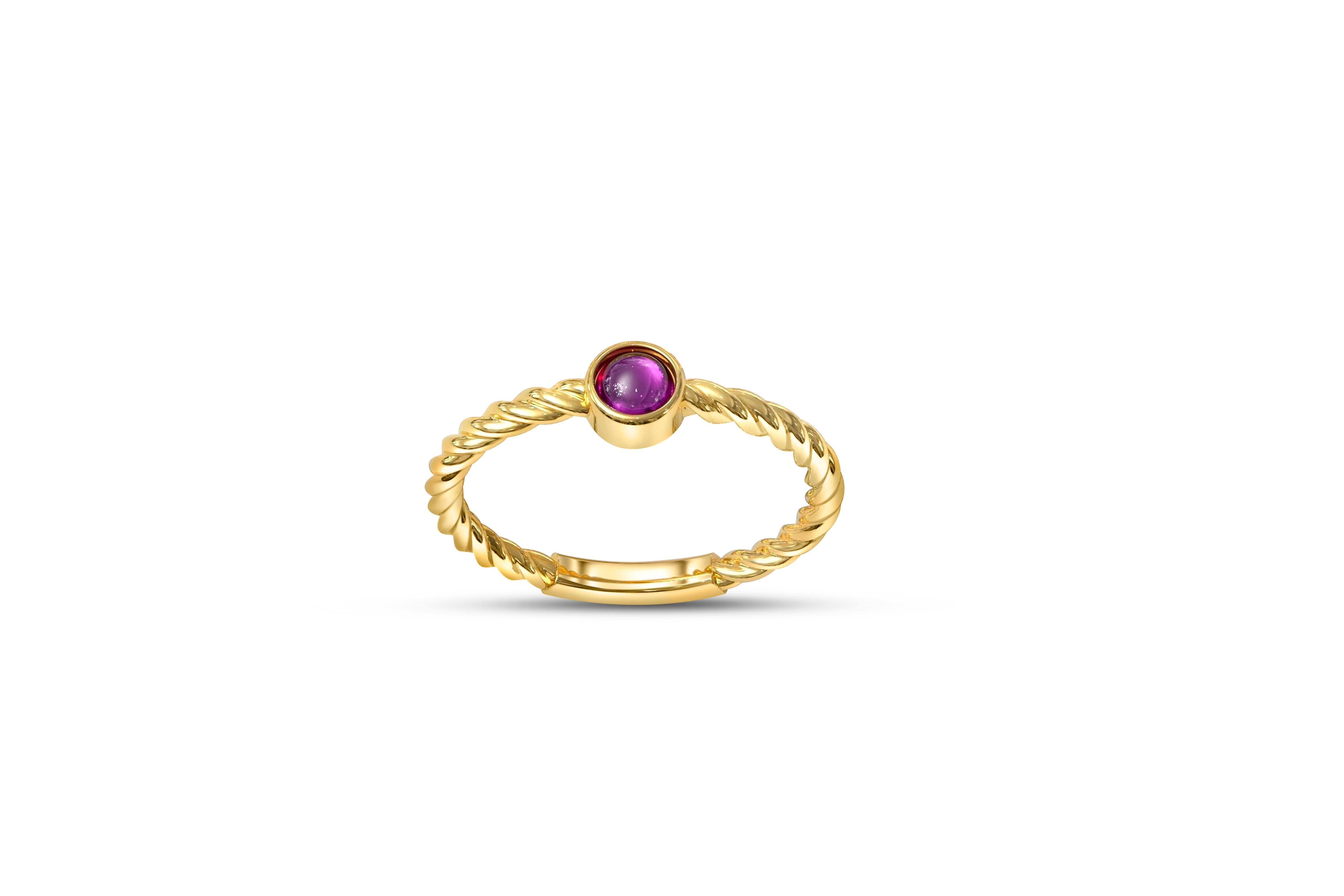 Small amethyst cabochon 14k gold ring. Amethyst gold stacking ring. Twisted ring with amethist. Minimalist ring with purple gem. 
  
Metal: 14k gold
Weight: 2 g. depends from size

Main stone amethyst
Color: purple
Round cabochon cut, 0.5 ct.