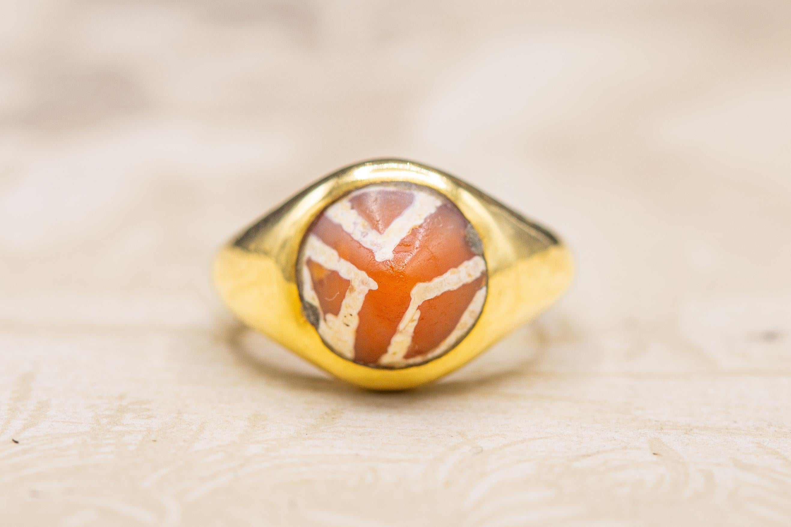 Cabochon Small Ancient Indus Valley Bead Ring Etched Carnelian Cone Antique Gold Ring For Sale