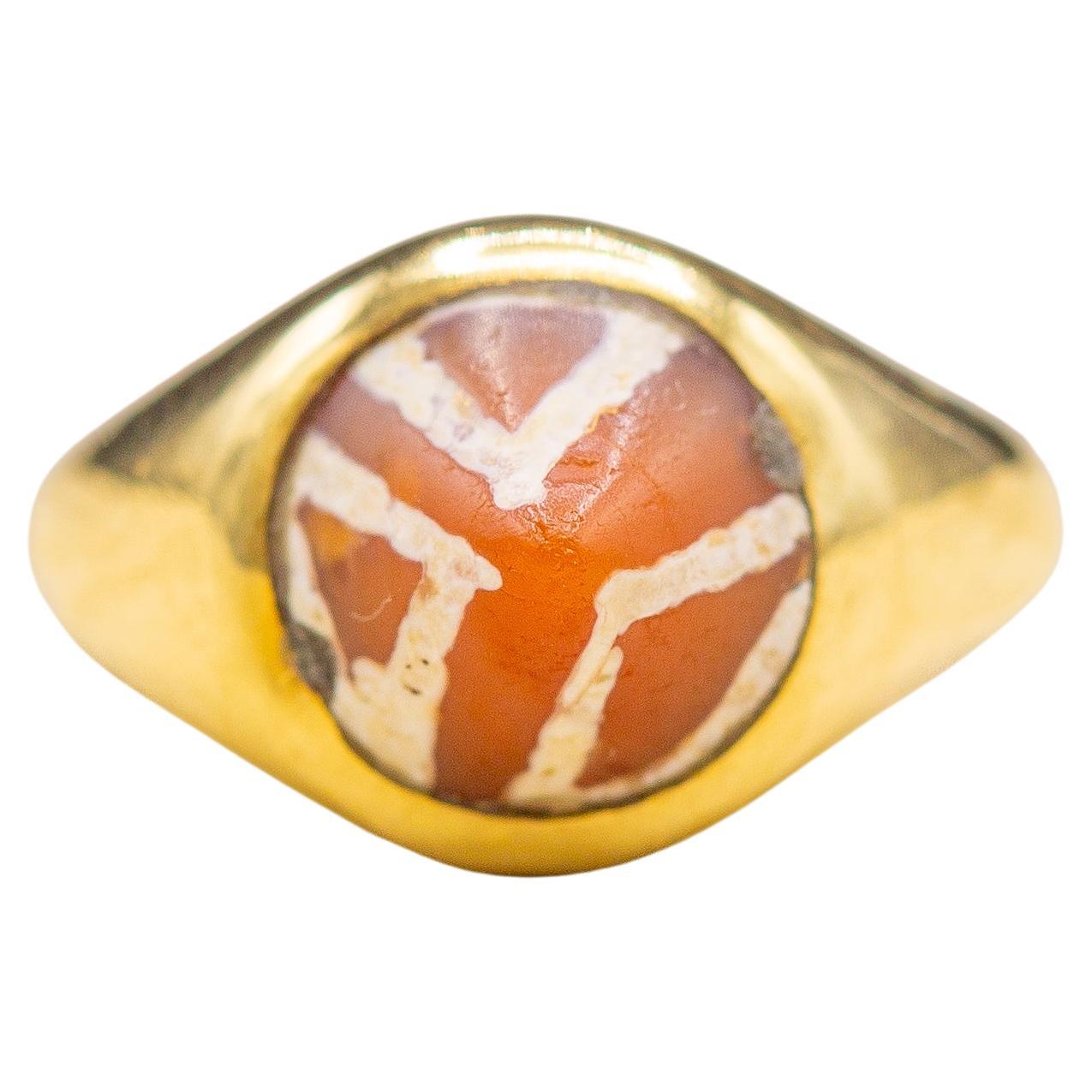Small Ancient Indus Valley Bead Ring Etched Carnelian Cone Antique Gold Ring
