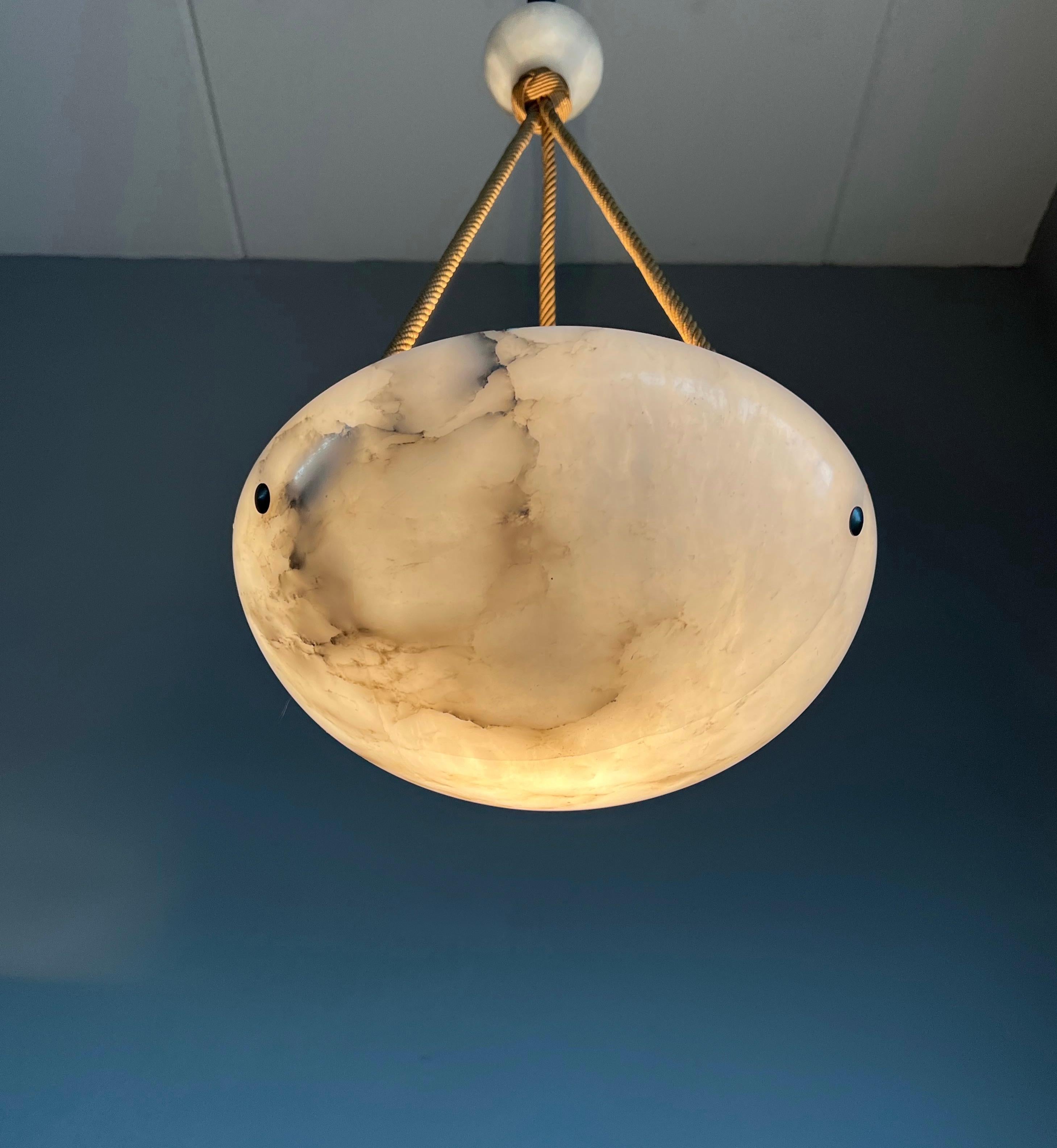 Small and Striking Art Deco Moon Shape Alabaster Pendant Light W. Original Rope 5