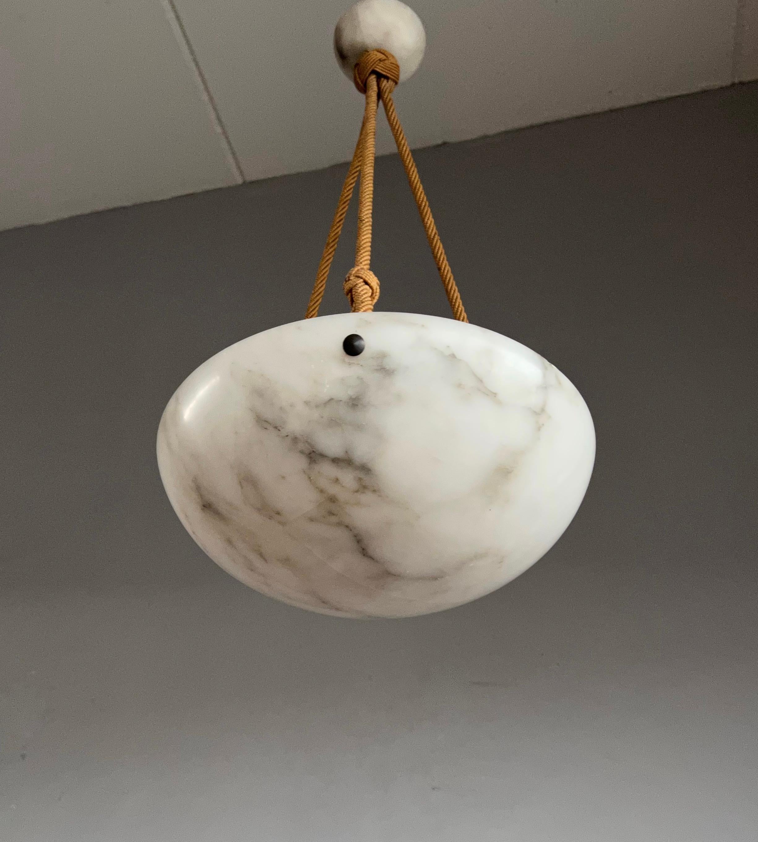 Small and Striking Art Deco Moon Shape Alabaster Pendant Light W. Original Rope 6