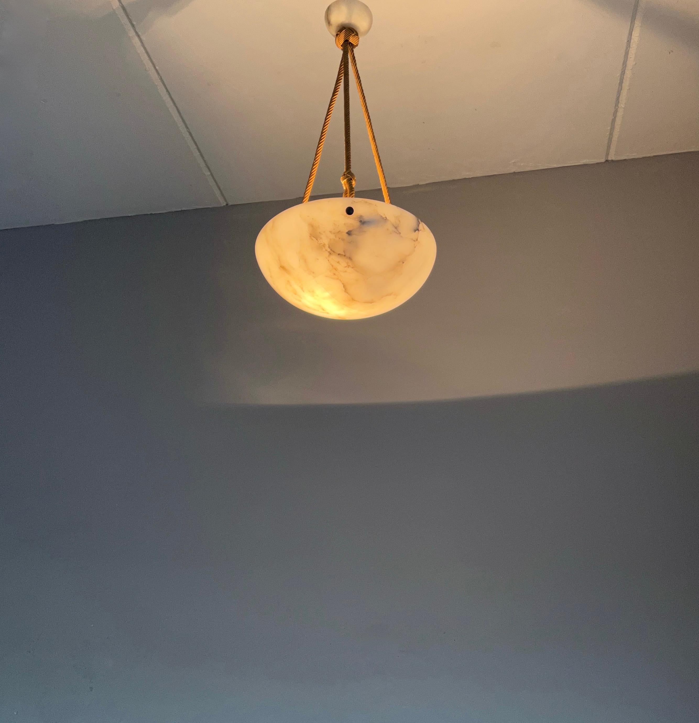 Small and Striking Art Deco Moon Shape Alabaster Pendant Light W. Original Rope 12