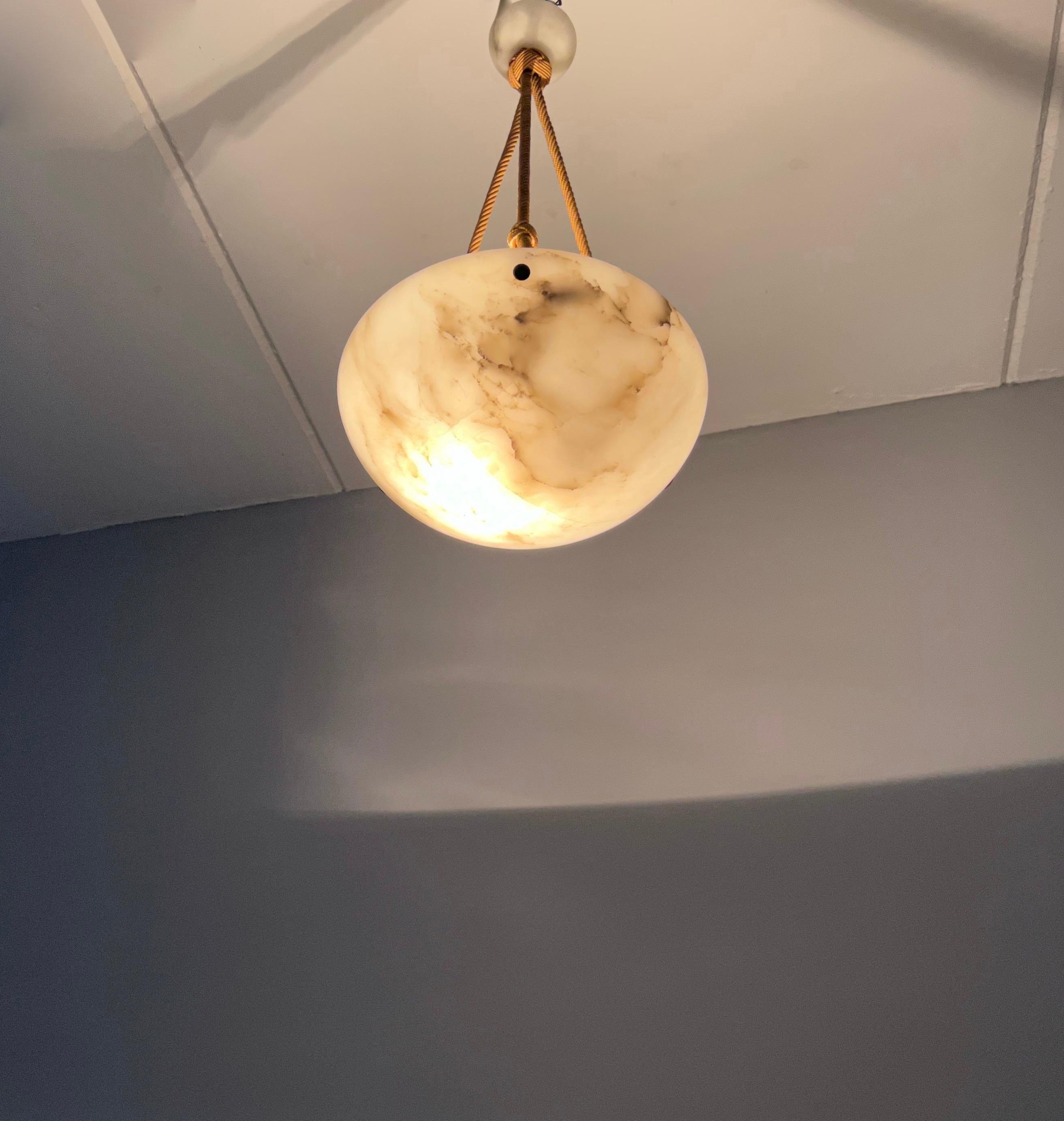 Small and Striking Art Deco Moon Shape Alabaster Pendant Light W. Original Rope 13