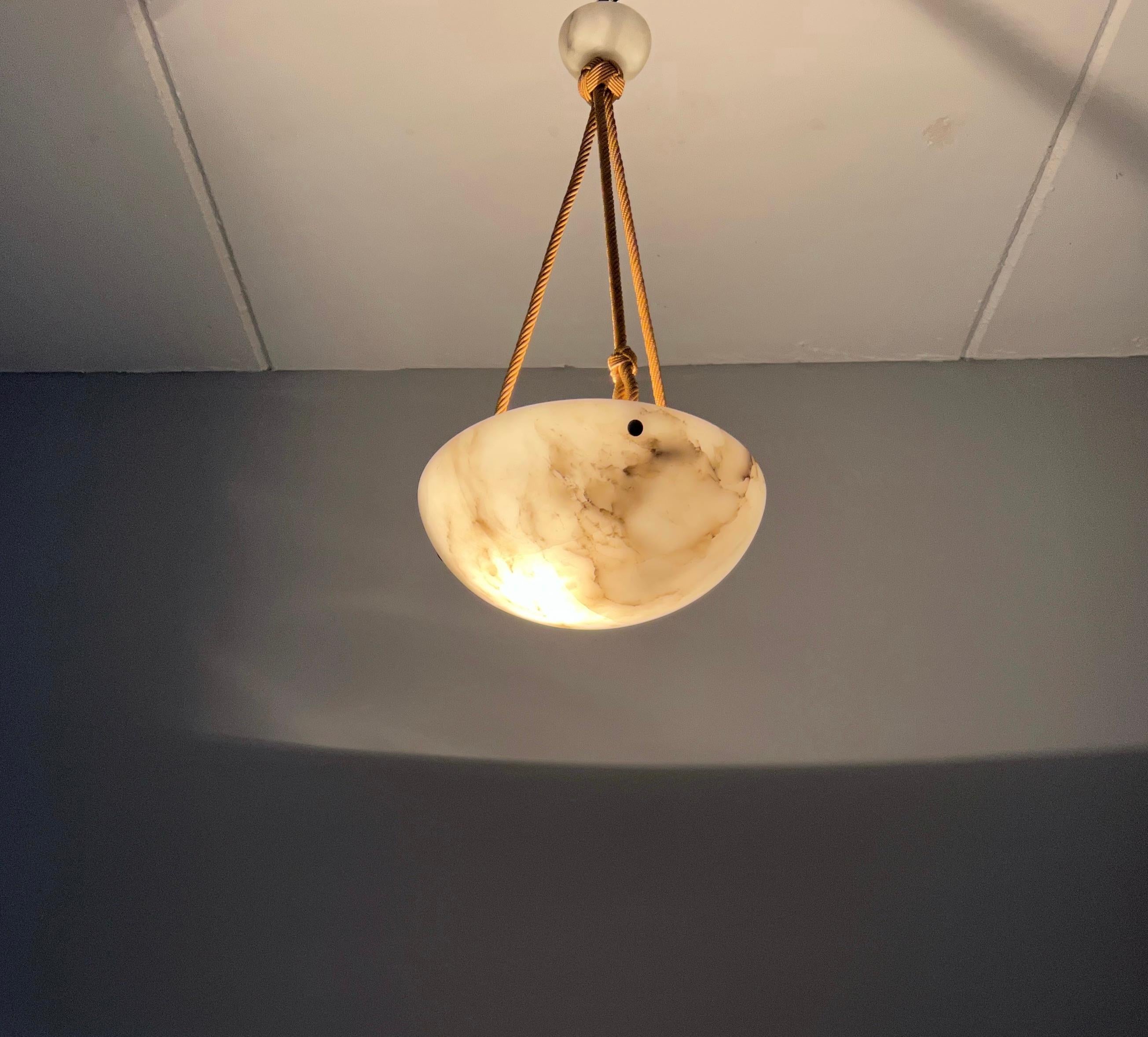 Hand-Carved Small and Striking Art Deco Moon Shape Alabaster Pendant Light W. Original Rope