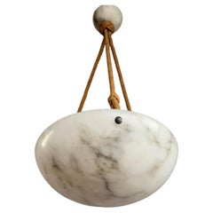 Small and Striking Art Deco Moon Shape Alabaster Pendant Light W. Original Rope