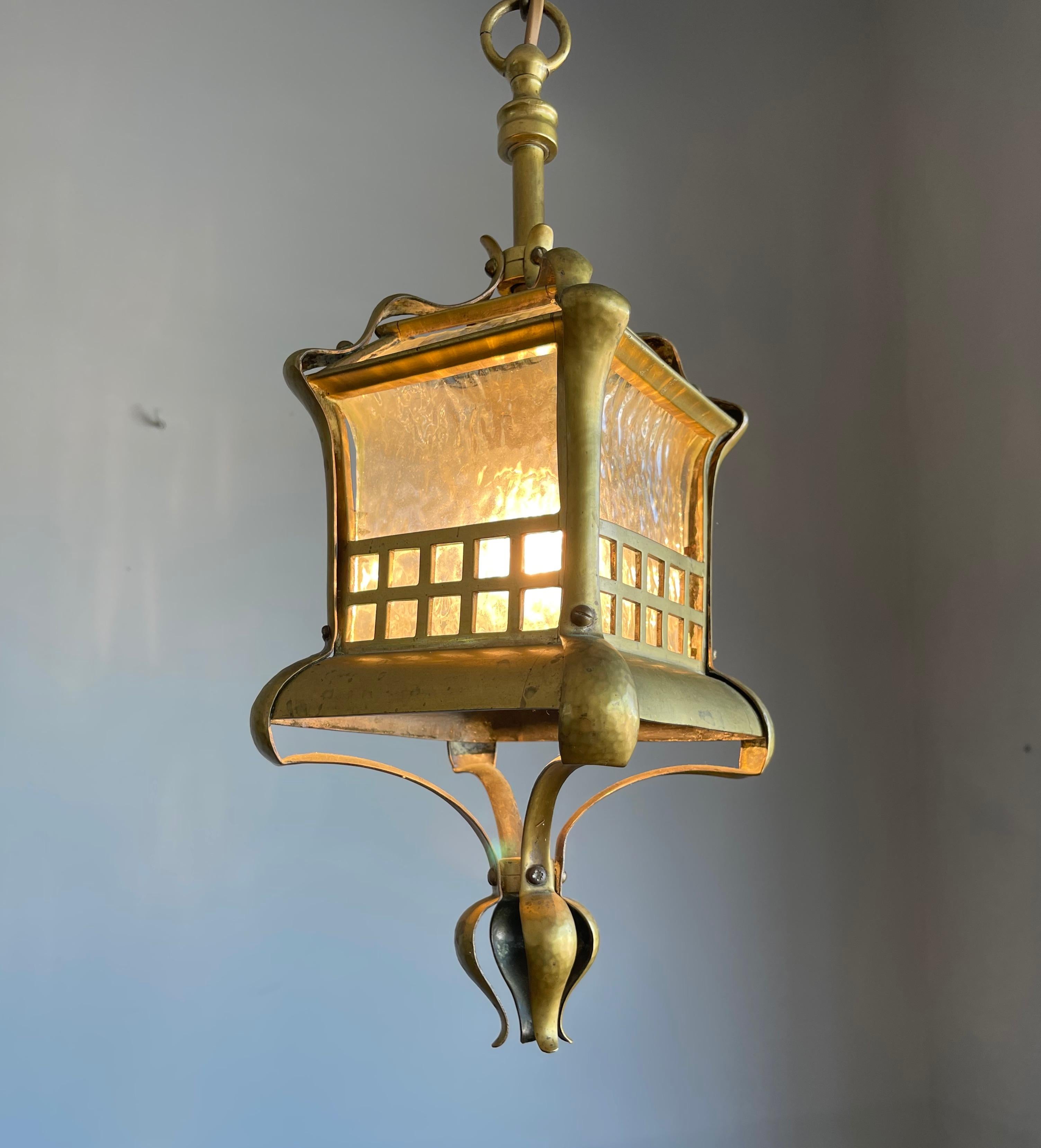 Small and Stunning Jugendstil Brass, Bronze and Glass Pendant / Light Fixture For Sale 3