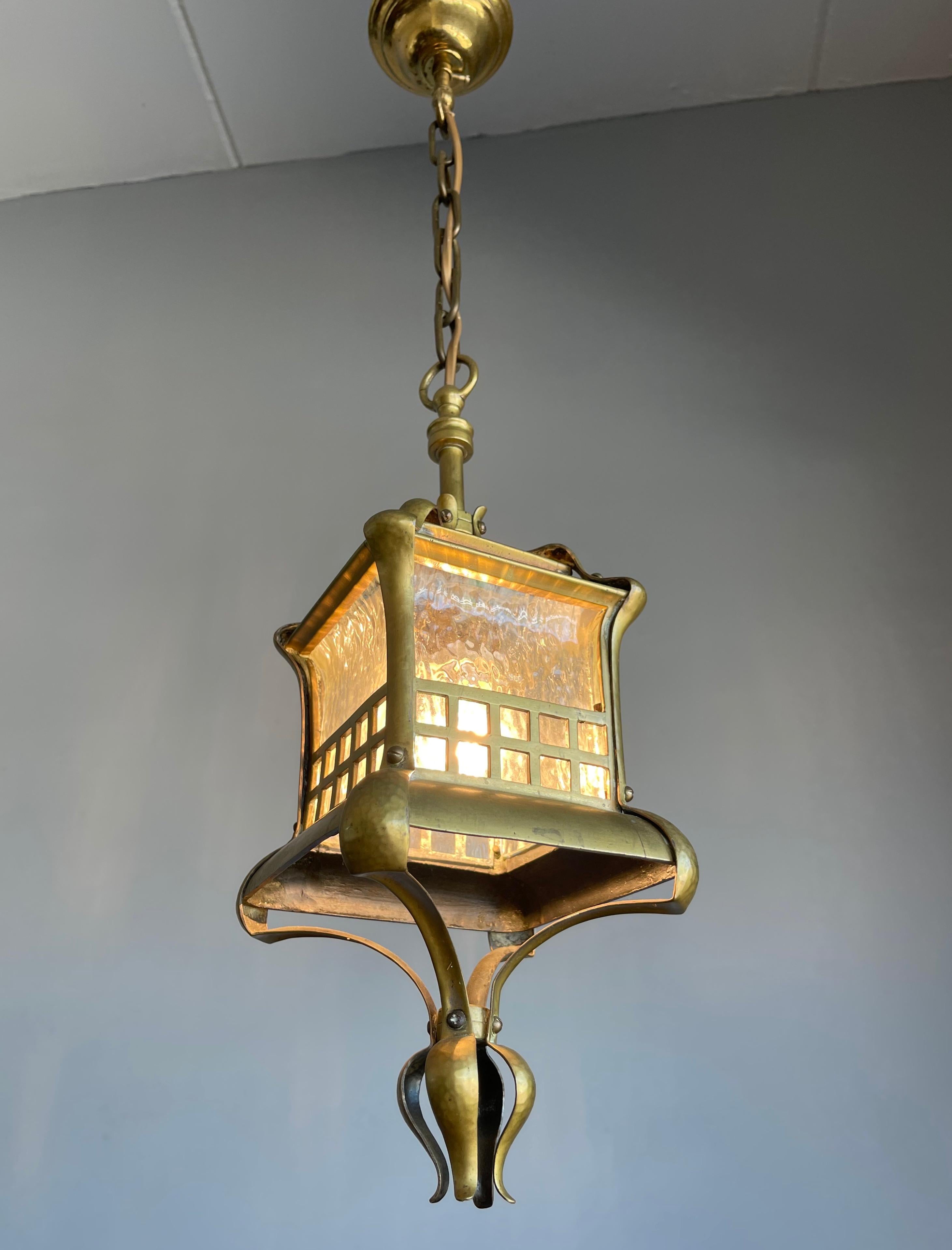 Small and Stunning Jugendstil Brass, Bronze and Glass Pendant / Light Fixture For Sale 8