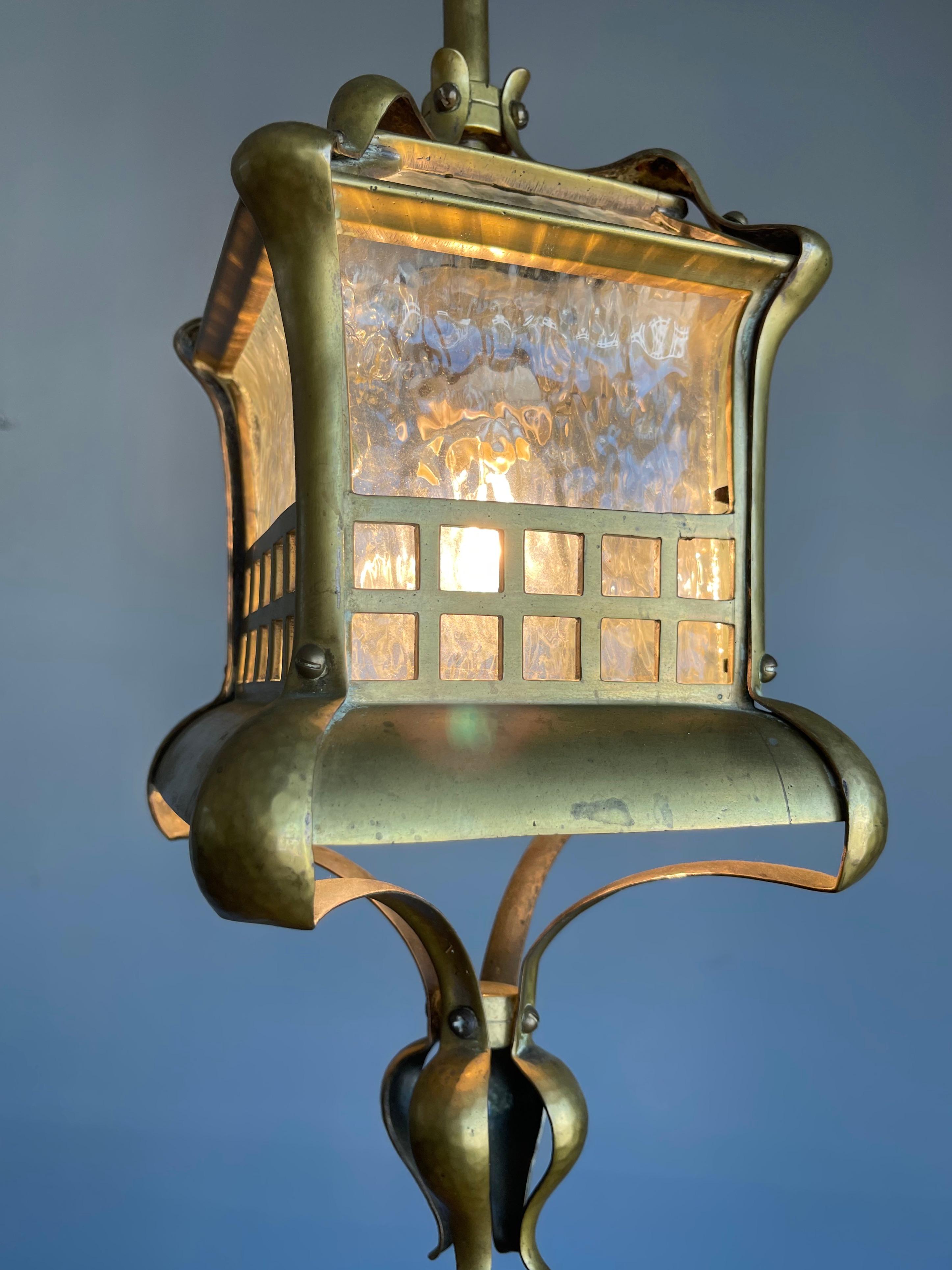 Small and Stunning Jugendstil Brass, Bronze and Glass Pendant / Light Fixture For Sale 11