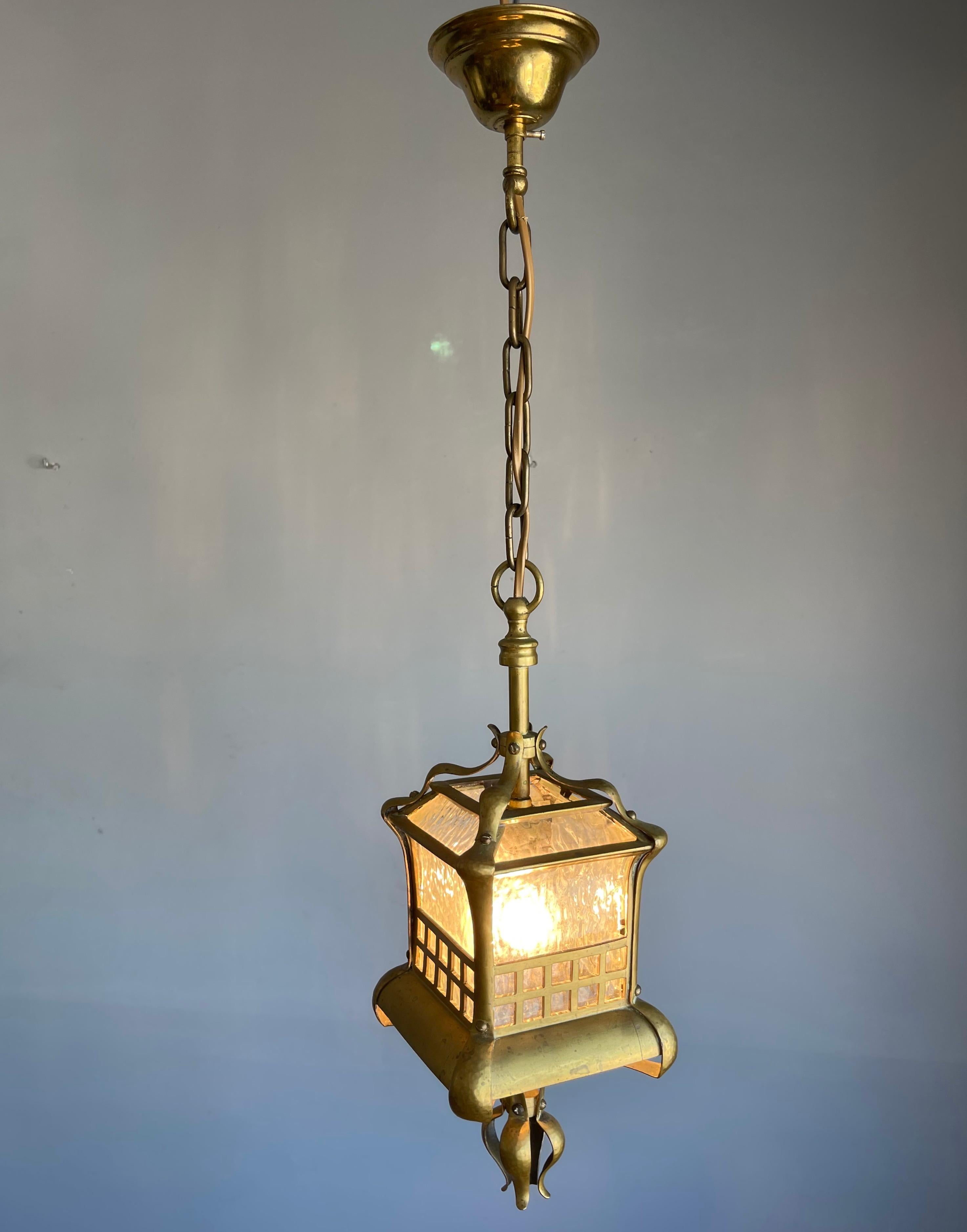 Small and Stunning Jugendstil Brass, Bronze and Glass Pendant / Light Fixture For Sale 12