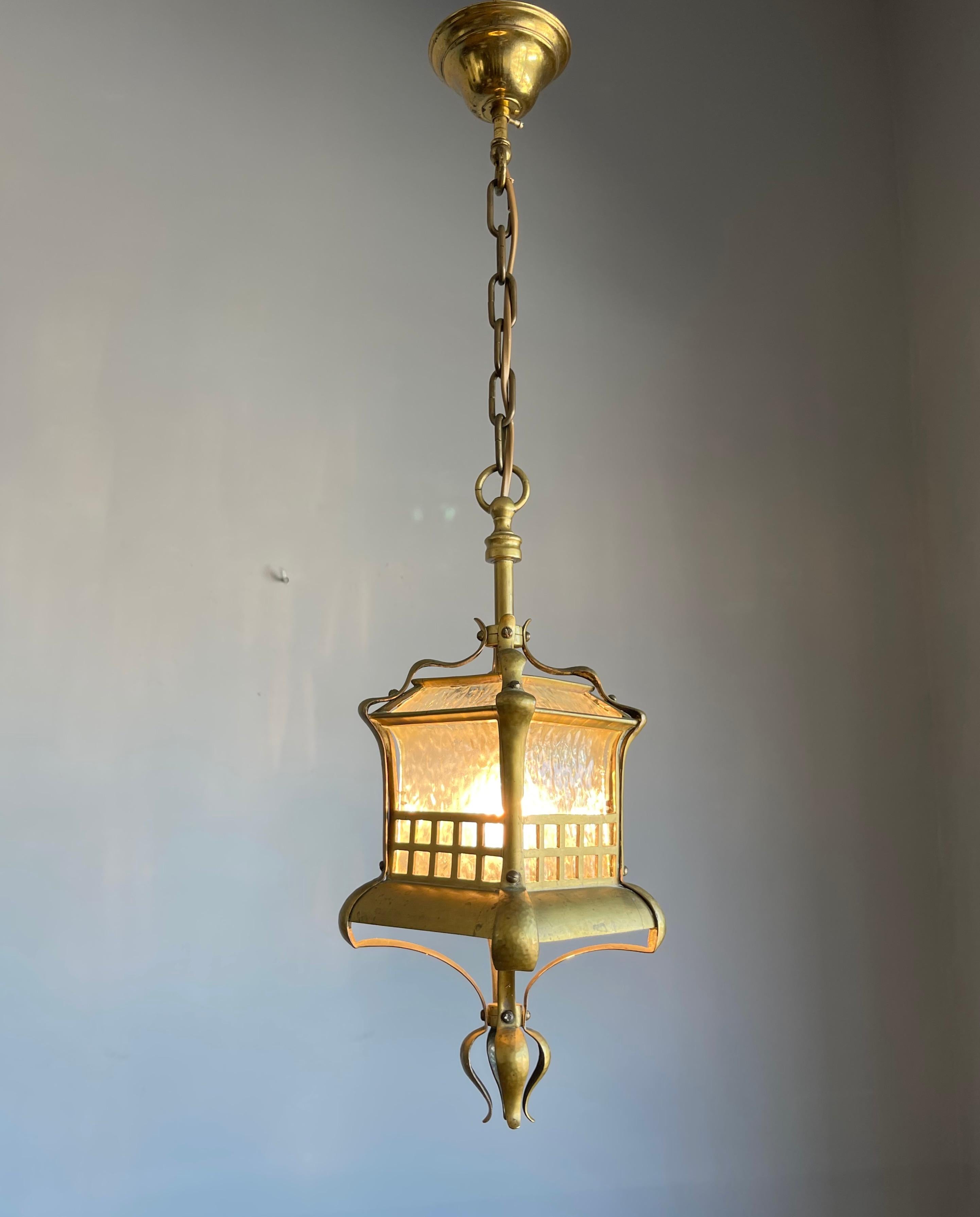 Marvelous design, Benson style, handmade Arts and Crafts era ceiling light.

This early Jugendstil pendant is of an aesthetically pleasing beauty that will never fail to impress. The design is as Jugendstil or Art Nouveau as they come, because you
