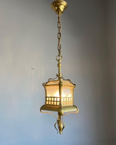 Small and Stunning Jugendstil Brass, Bronze and Glass Pendant / Light Fixture