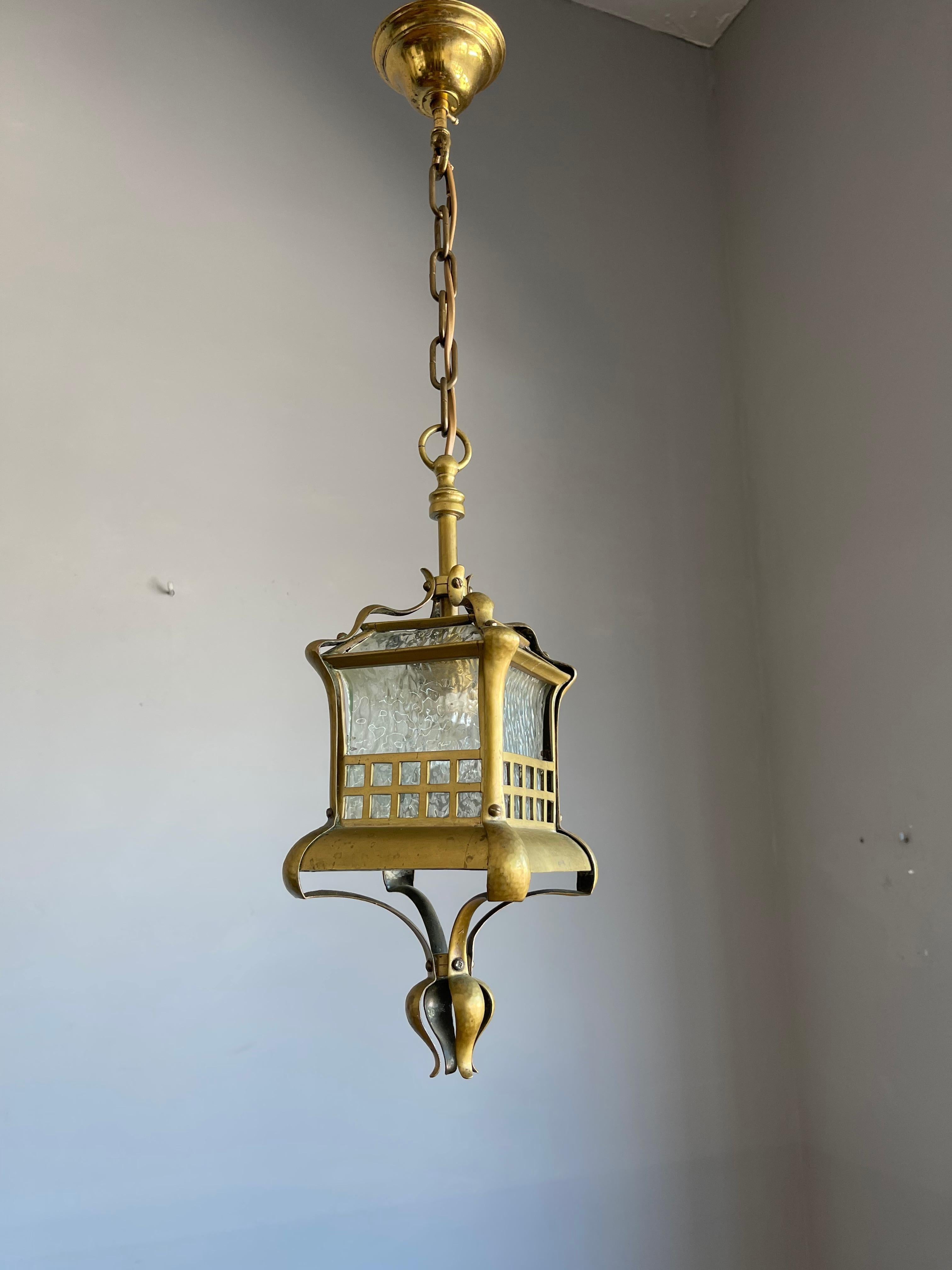 Arts and Crafts Small and Stunning Jugendstil Brass, Bronze and Glass Pendant / Light Fixture For Sale