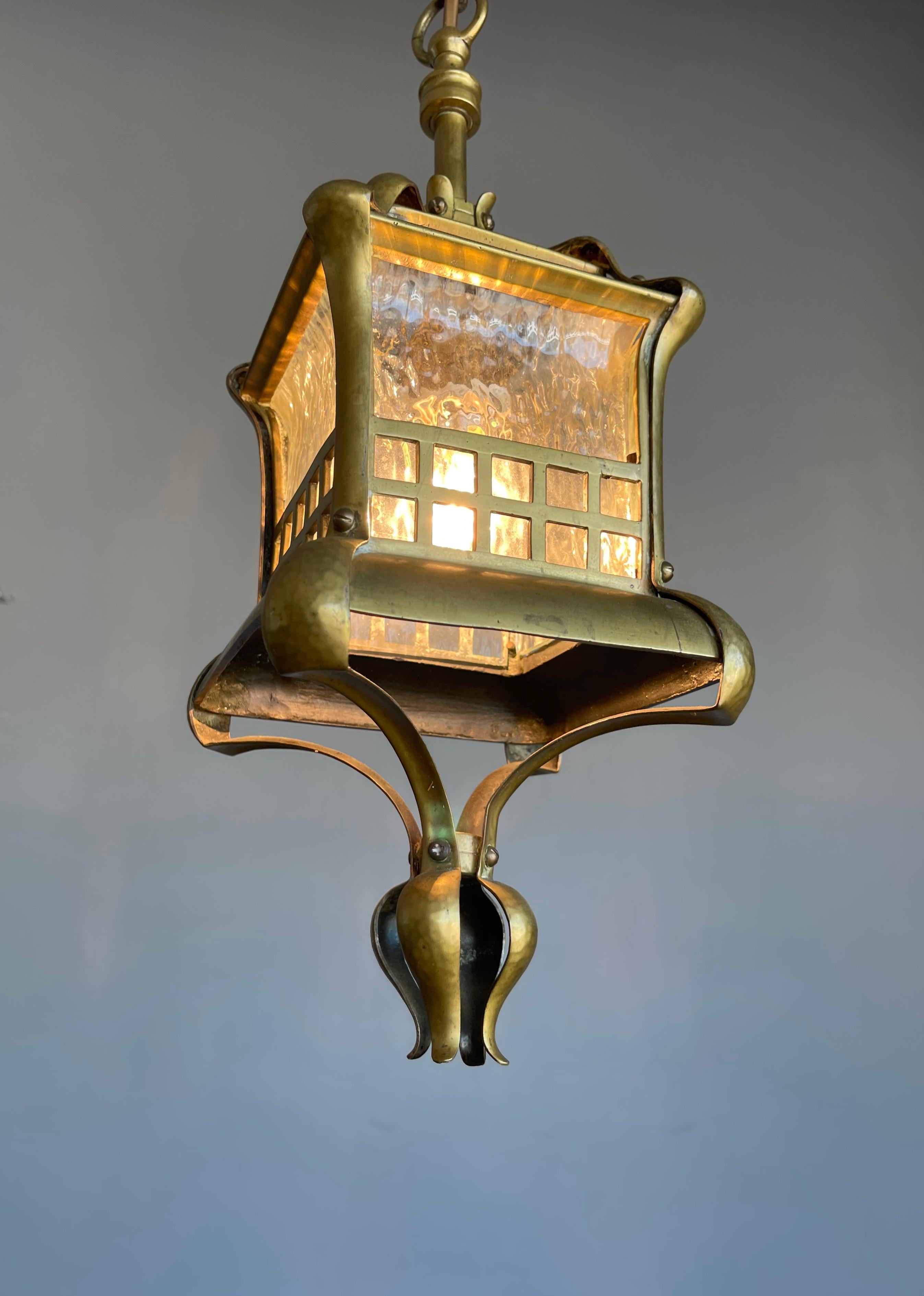 European Small and Stunning Jugendstil Brass, Bronze and Glass Pendant / Light Fixture For Sale