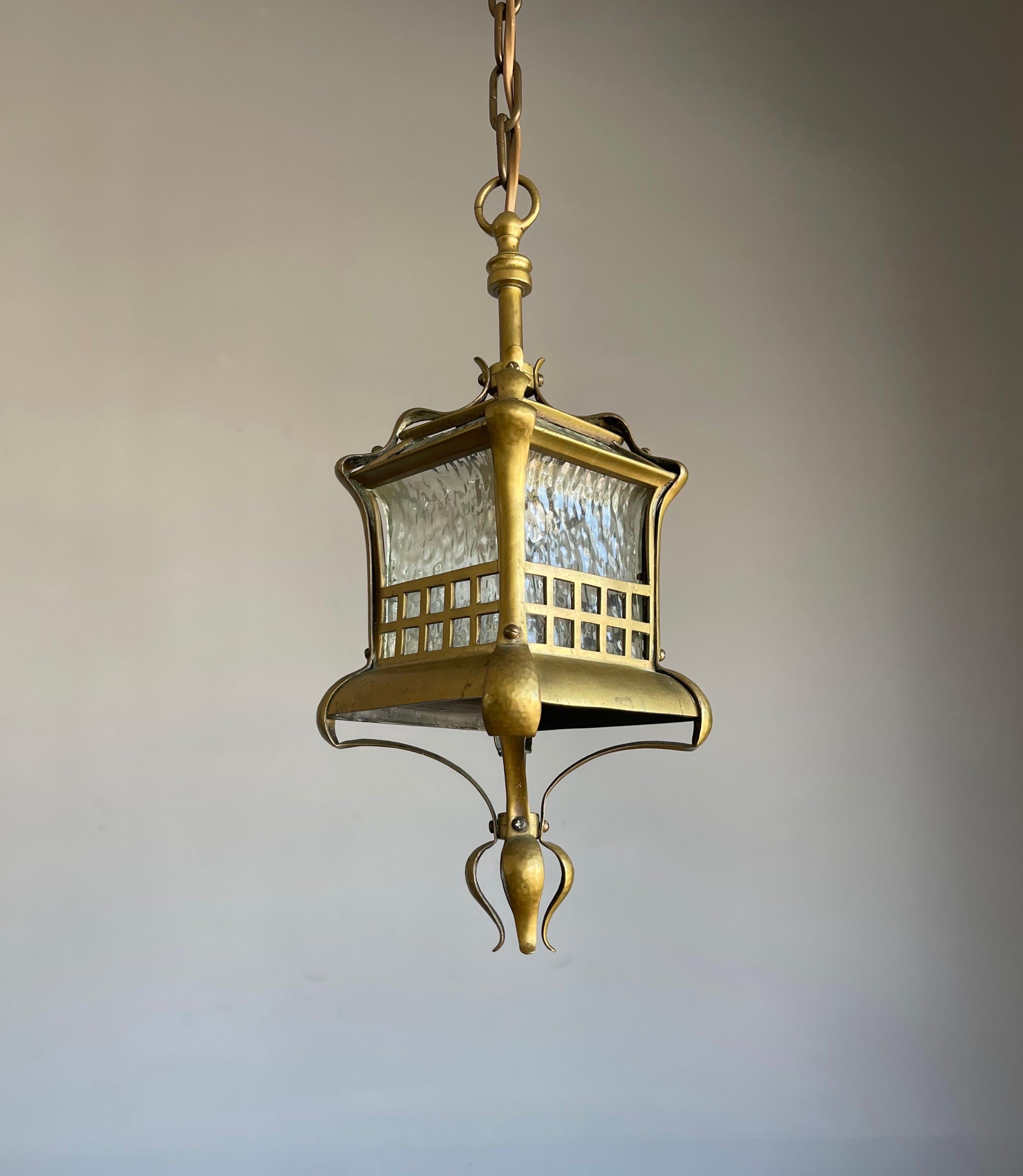 Cast Small and Stunning Jugendstil Brass, Bronze and Glass Pendant / Light Fixture For Sale