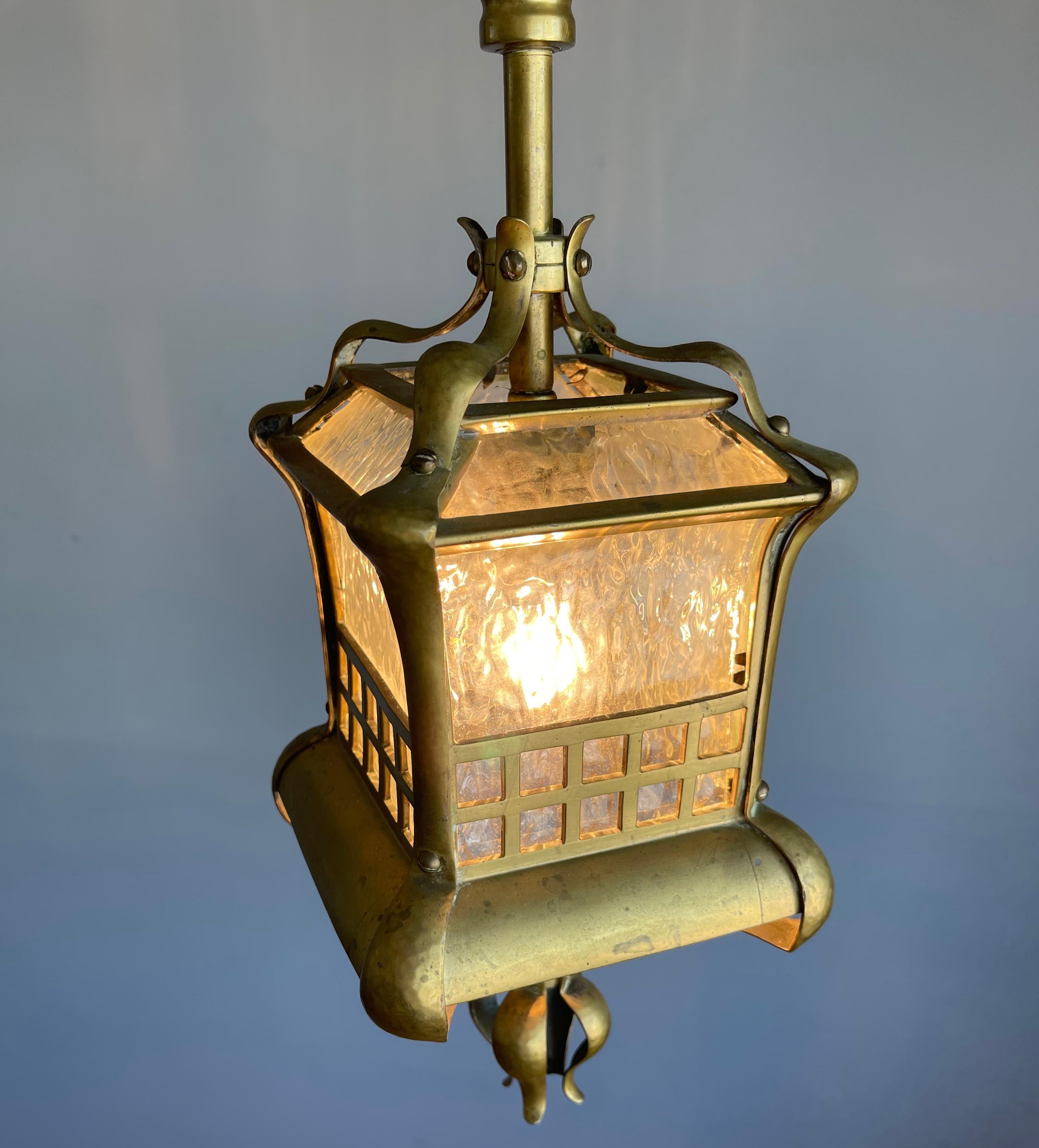 20th Century Small and Stunning Jugendstil Brass, Bronze and Glass Pendant / Light Fixture For Sale