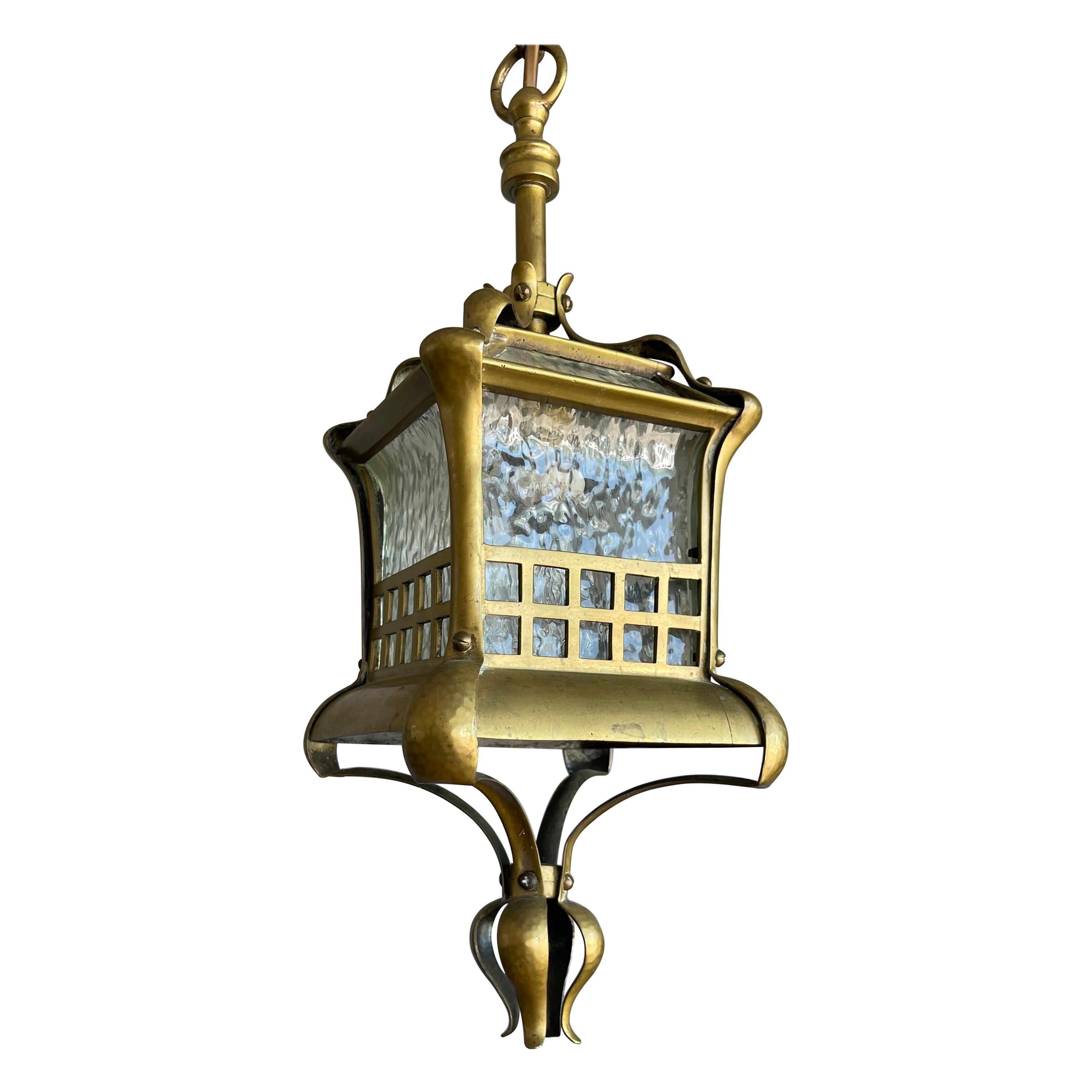 Small and Stunning Jugendstil Brass, Bronze and Glass Pendant / Light Fixture For Sale