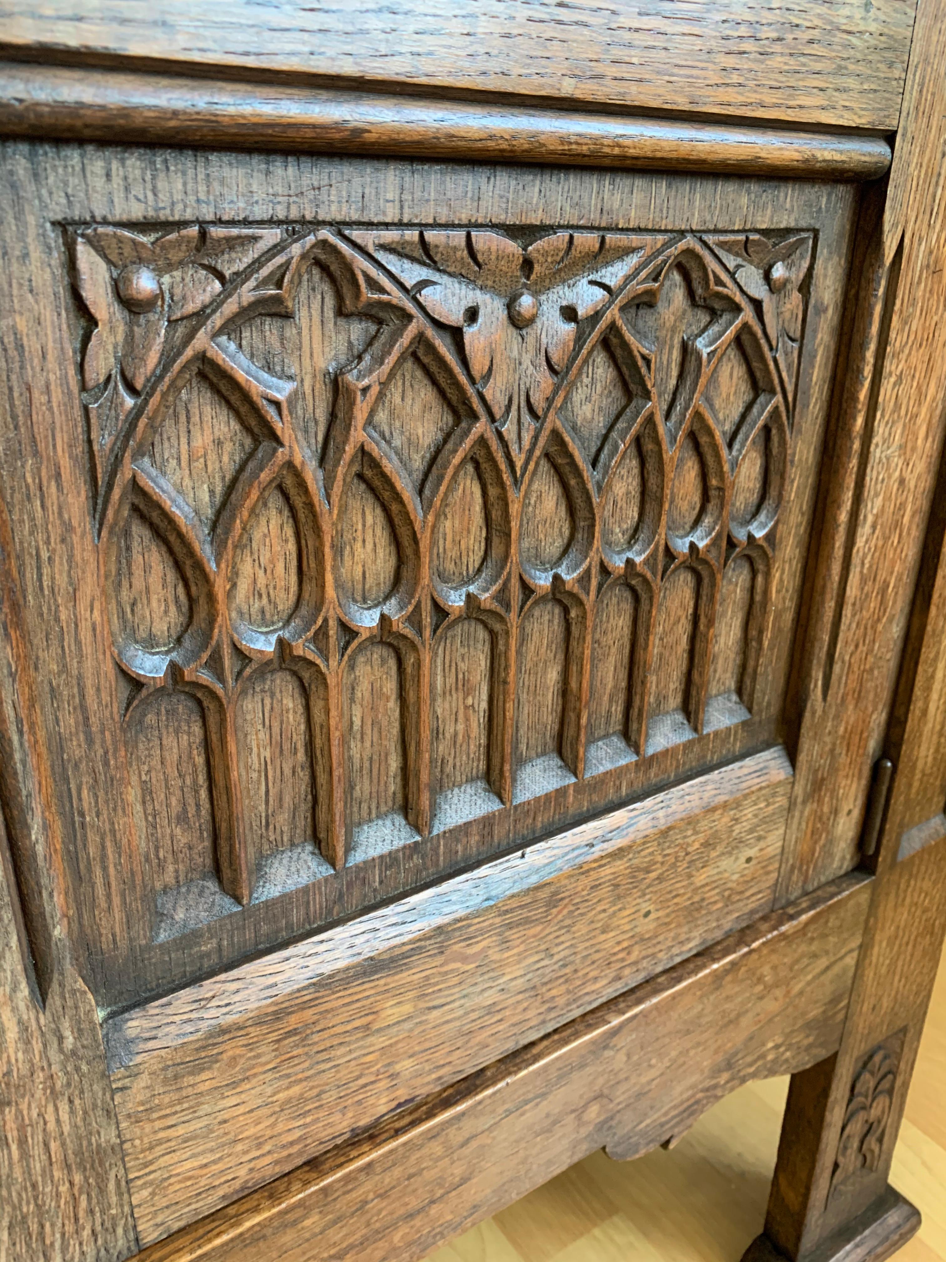 Small and Stunning Multi Purpose Gothic Revival Hand Carved Tiger Oak Cabinet   4