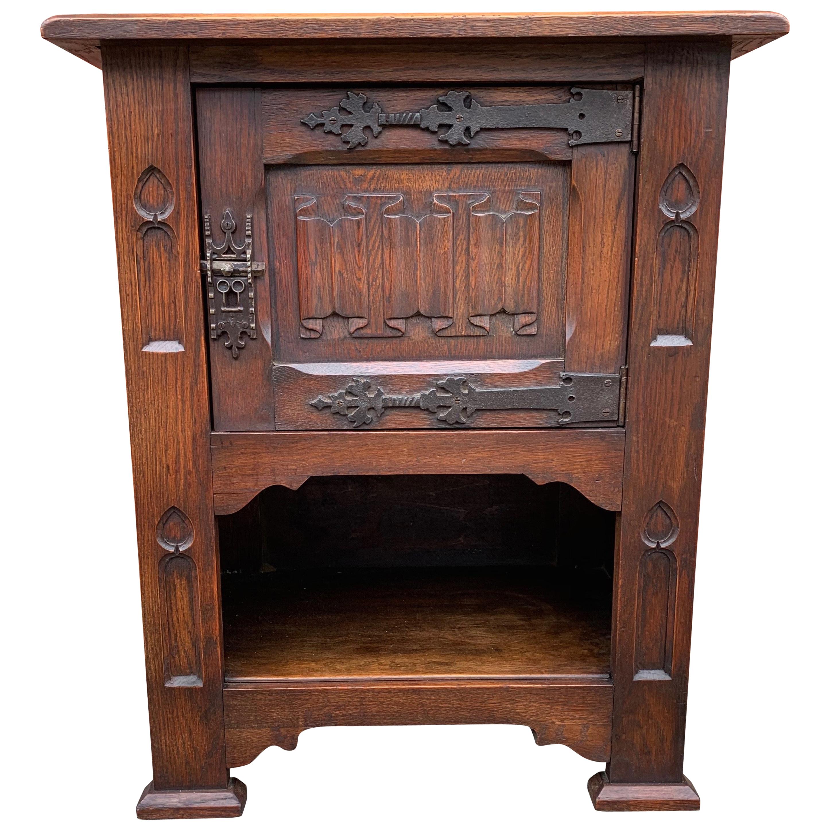 Small and Stunning Multi Purpose Gothic Revival Hand Carved Tiger Oak Cabinet