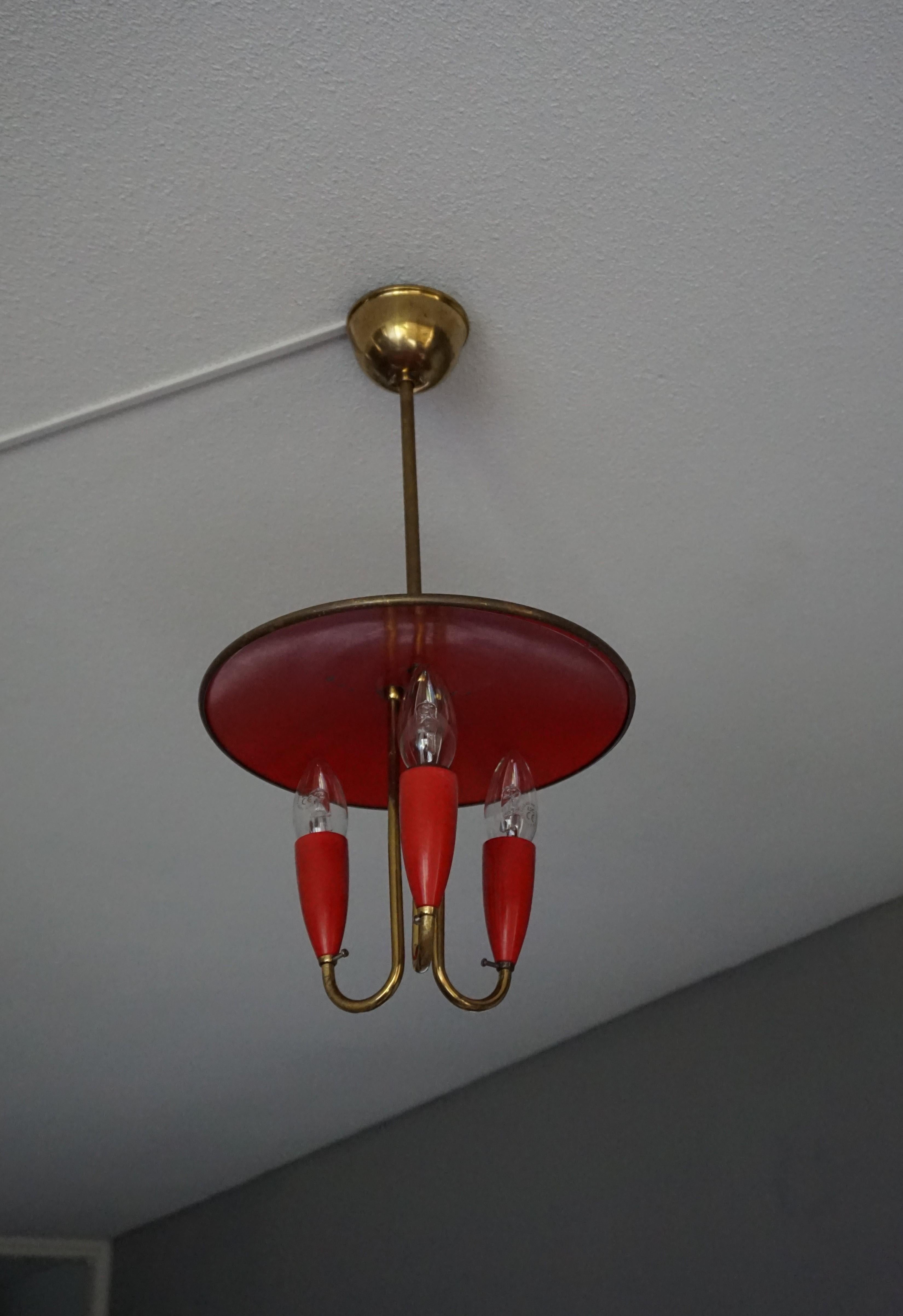 Small and Stylish Mid-Century Modern Brass and Red Bakelite Chandelier / Pendant 4