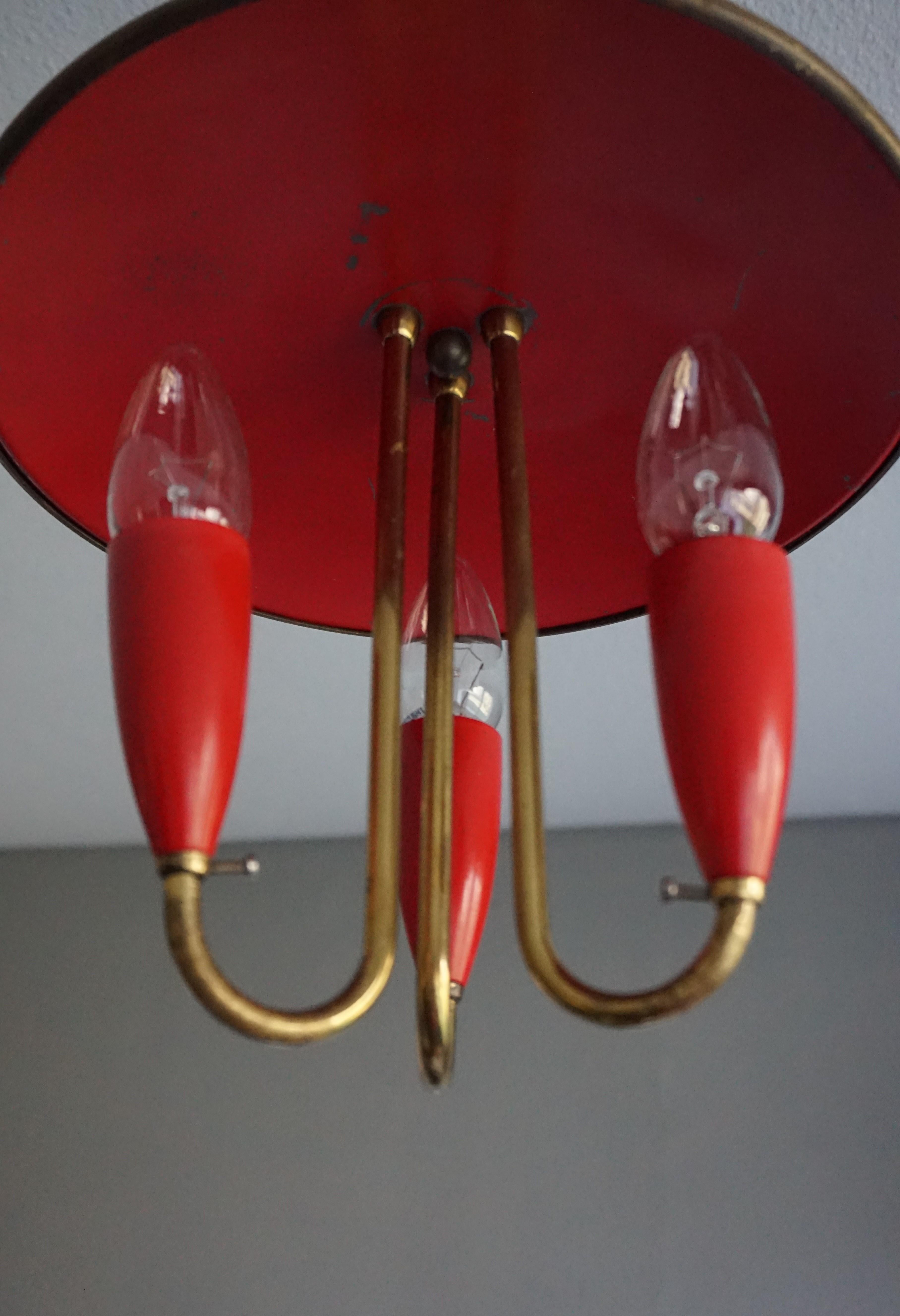 Small and Stylish Mid-Century Modern Brass and Red Bakelite Chandelier / Pendant 6
