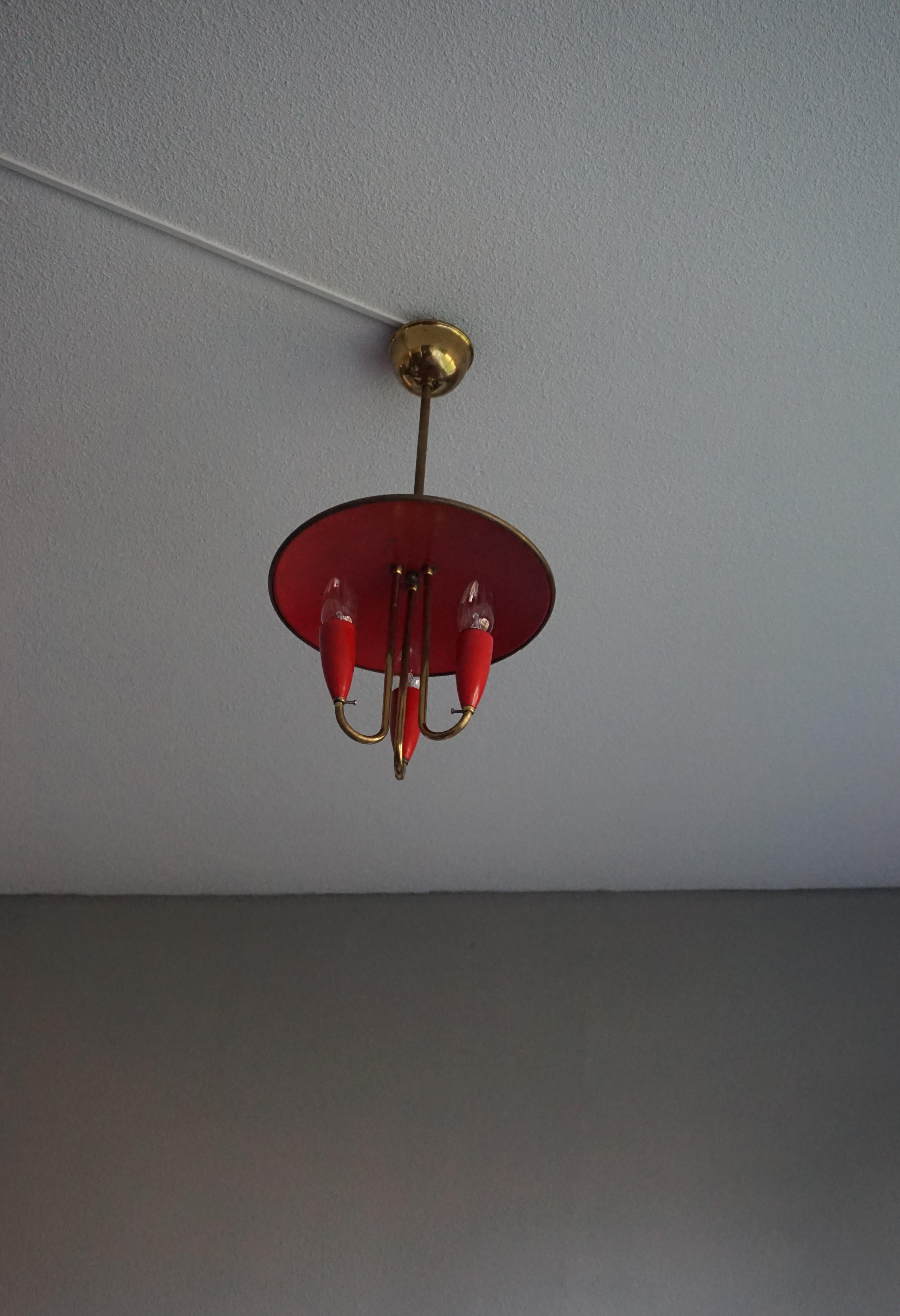 Small and Stylish Mid-Century Modern Brass and Red Bakelite Chandelier / Pendant 8
