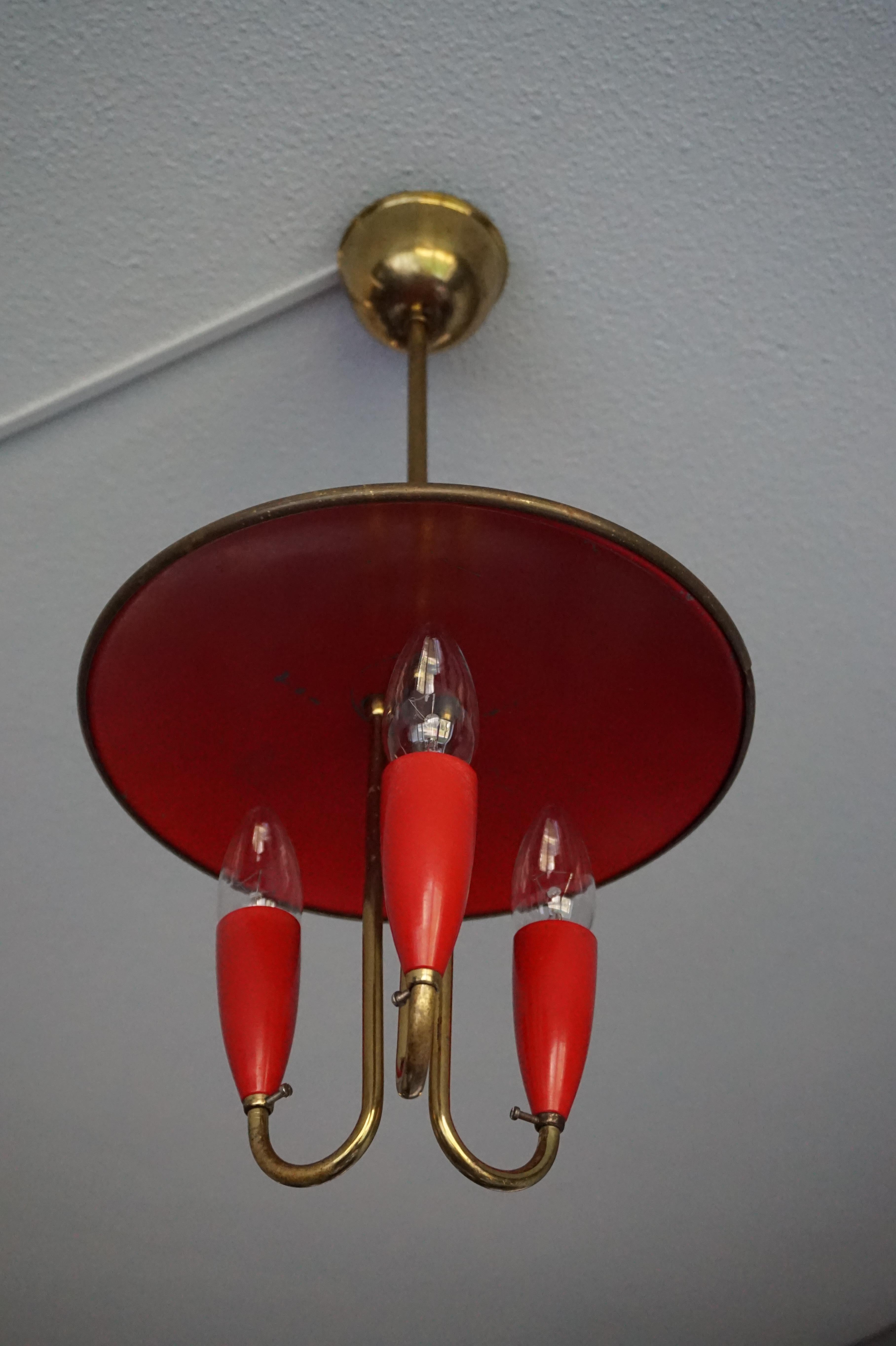 Small and Stylish Mid-Century Modern Brass and Red Bakelite Chandelier / Pendant 9