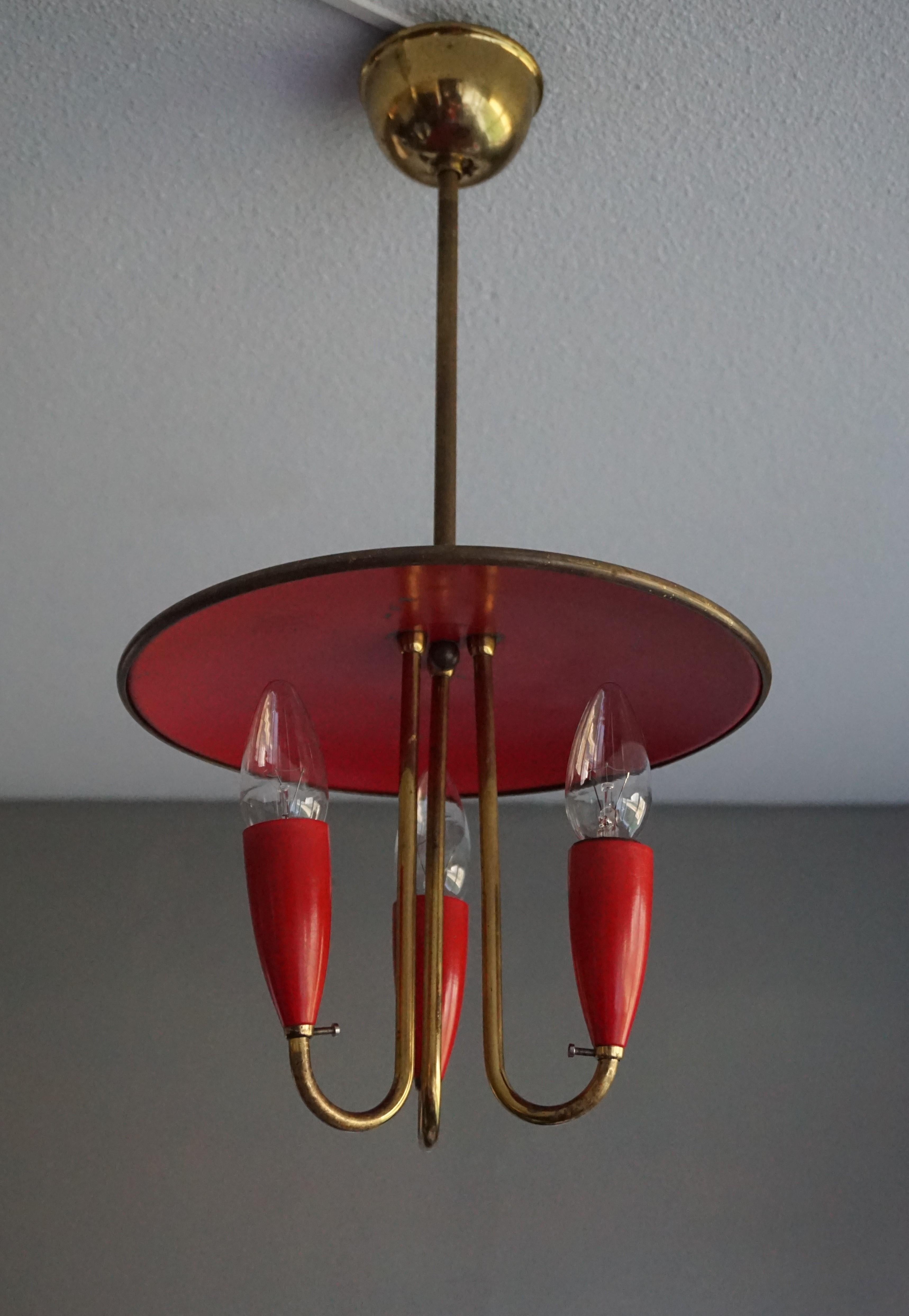 Small and Stylish Mid-Century Modern Brass and Red Bakelite Chandelier / Pendant 10