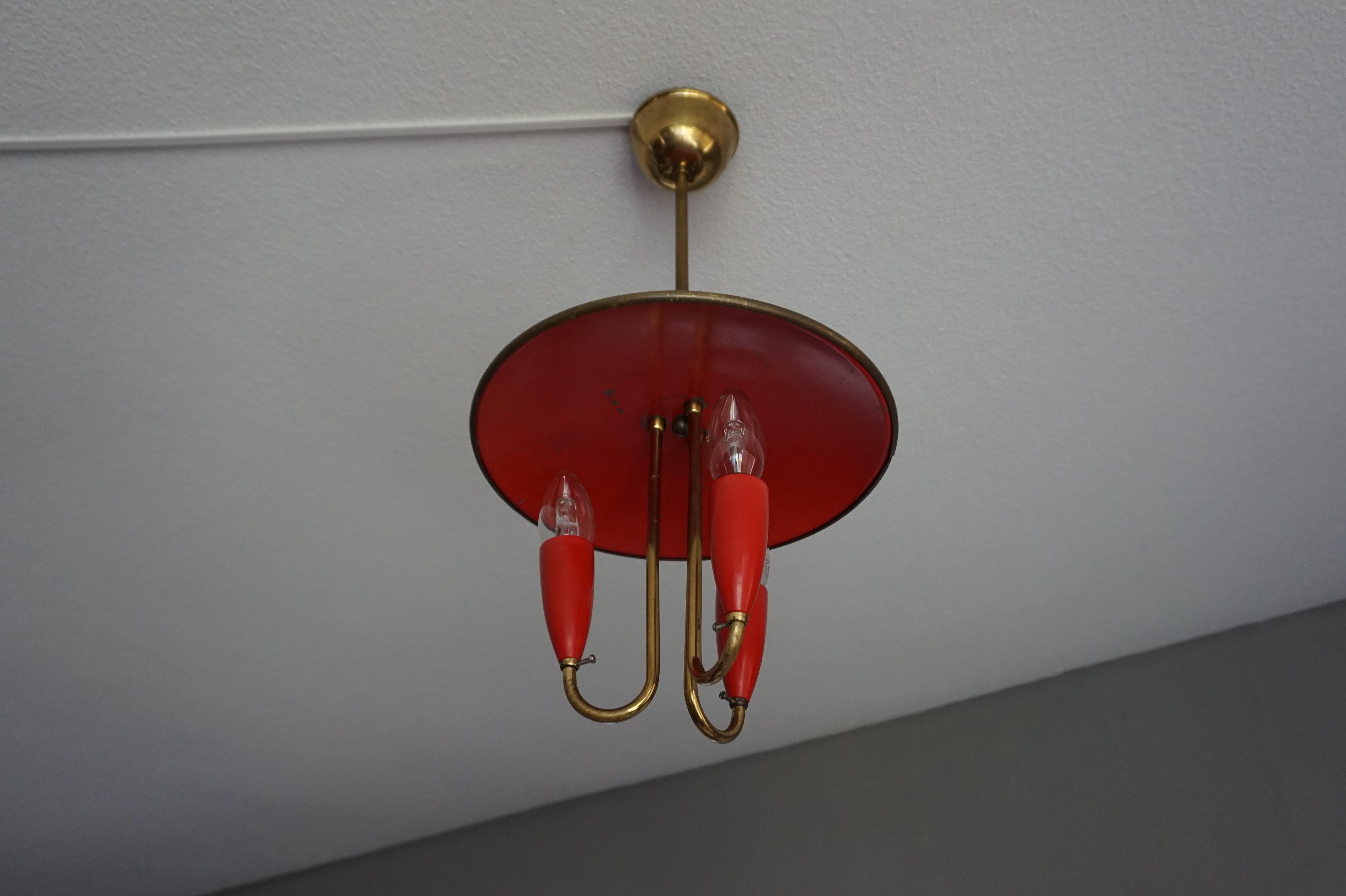 Hand-Crafted Small and Stylish Mid-Century Modern Brass and Red Bakelite Chandelier / Pendant