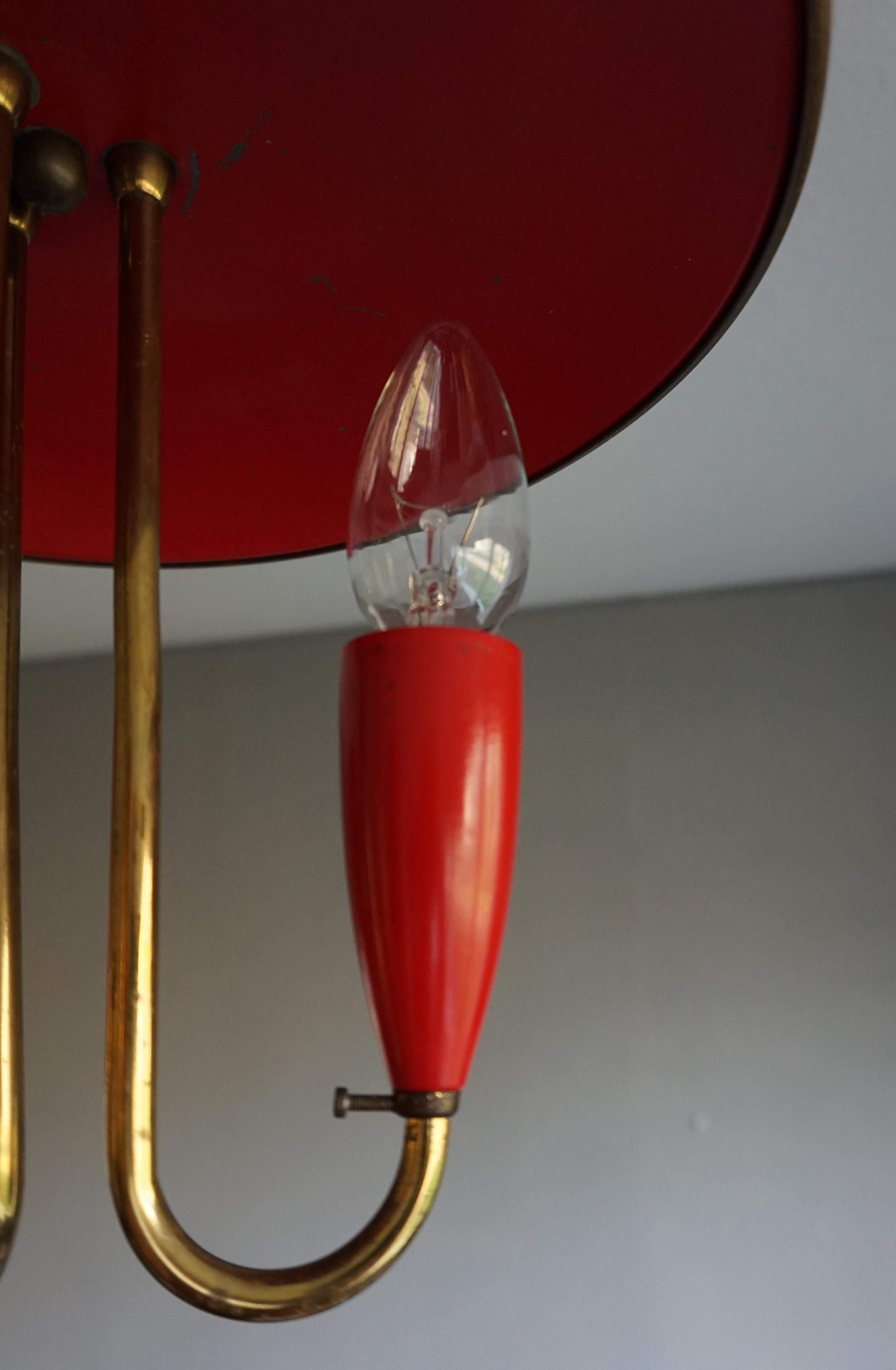 20th Century Small and Stylish Mid-Century Modern Brass and Red Bakelite Chandelier / Pendant