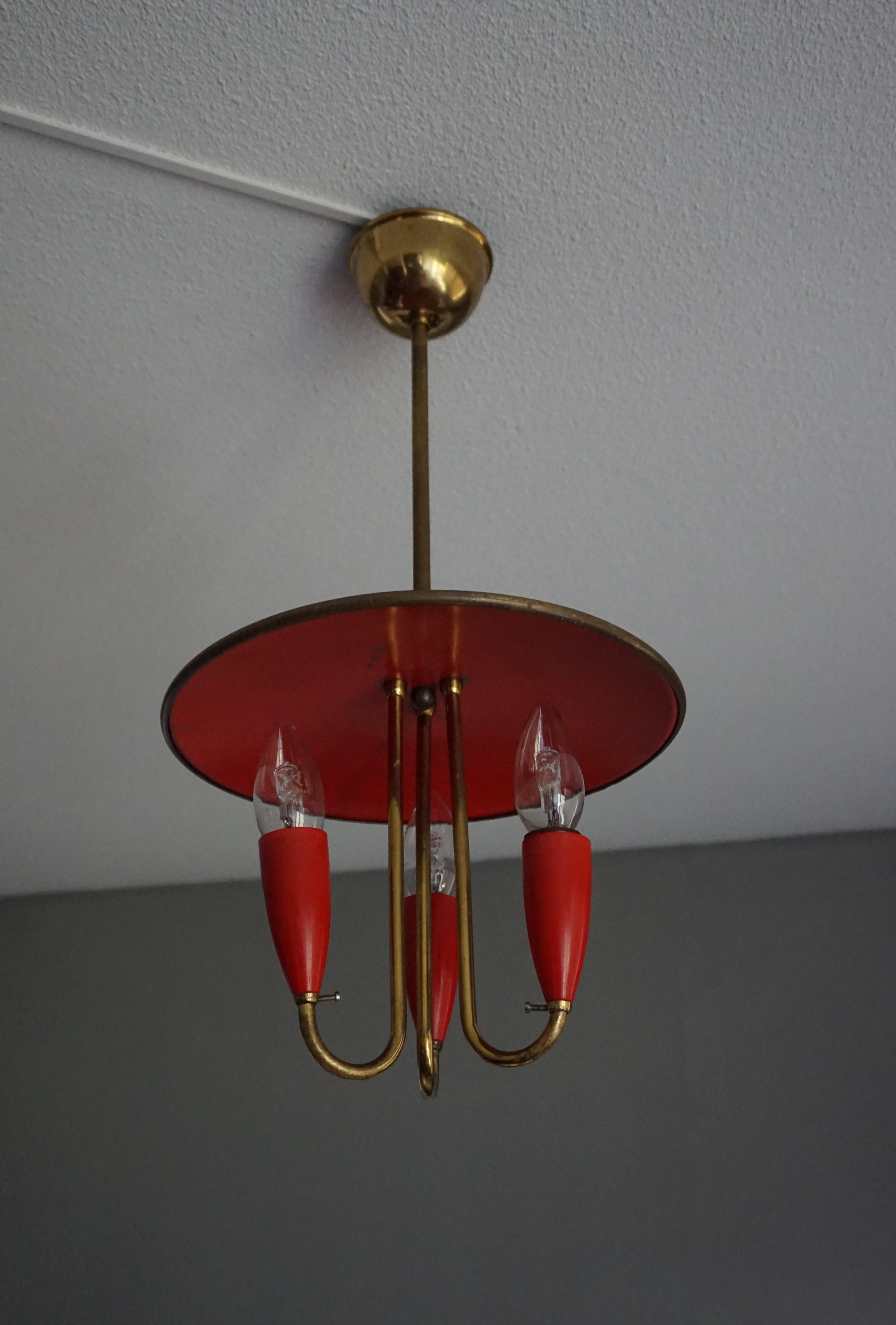 Small and Stylish Mid-Century Modern Brass and Red Bakelite Chandelier / Pendant 2