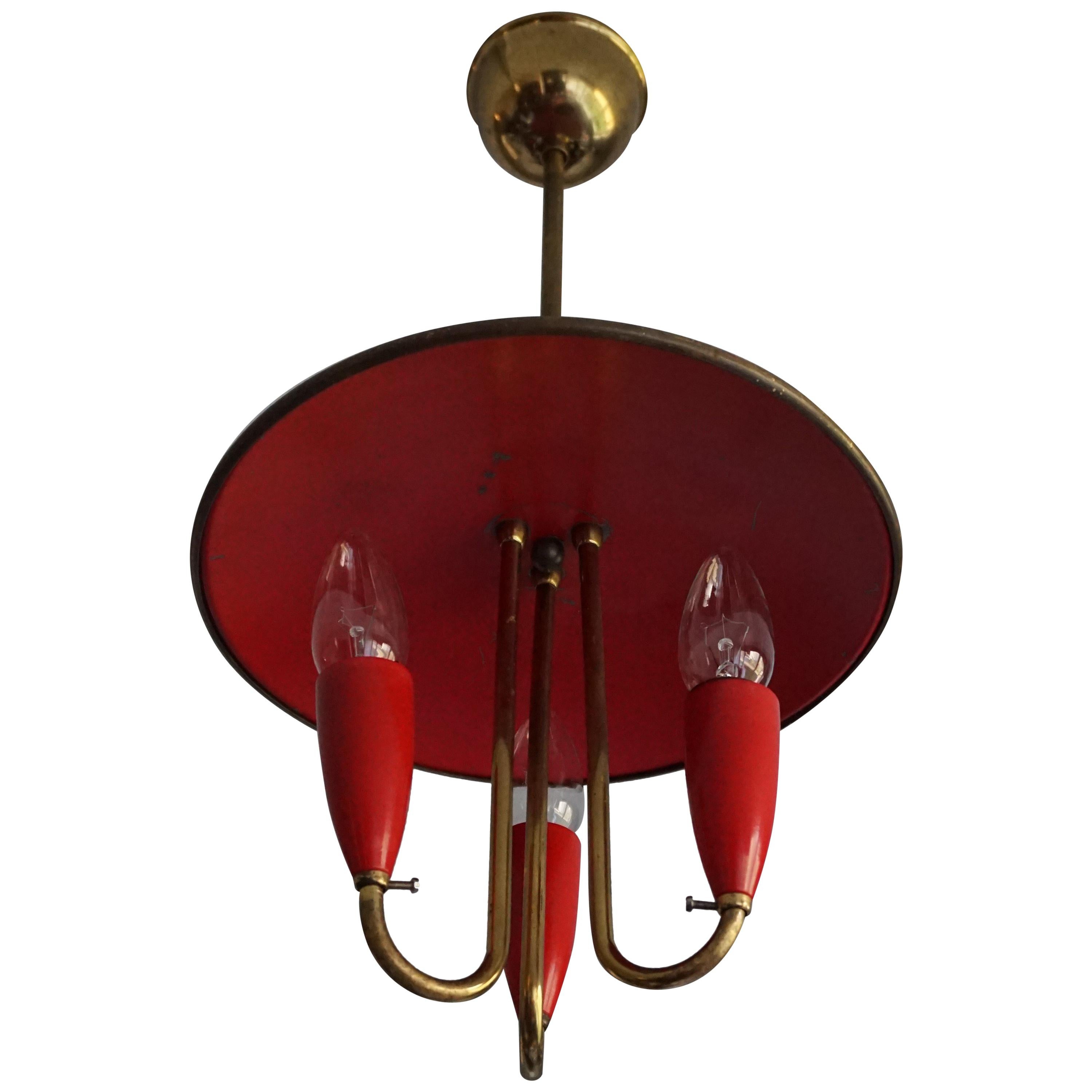 Small and Stylish Mid-Century Modern Brass and Red Bakelite Chandelier / Pendant
