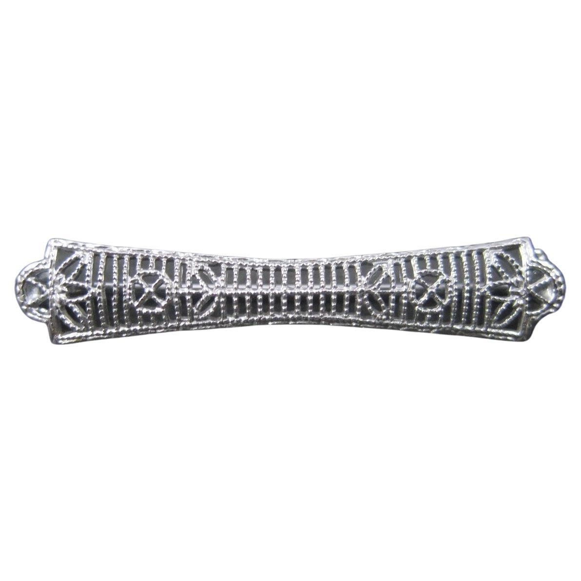 Small Antique 10K White Gold Filigree Bar Pin For Sale