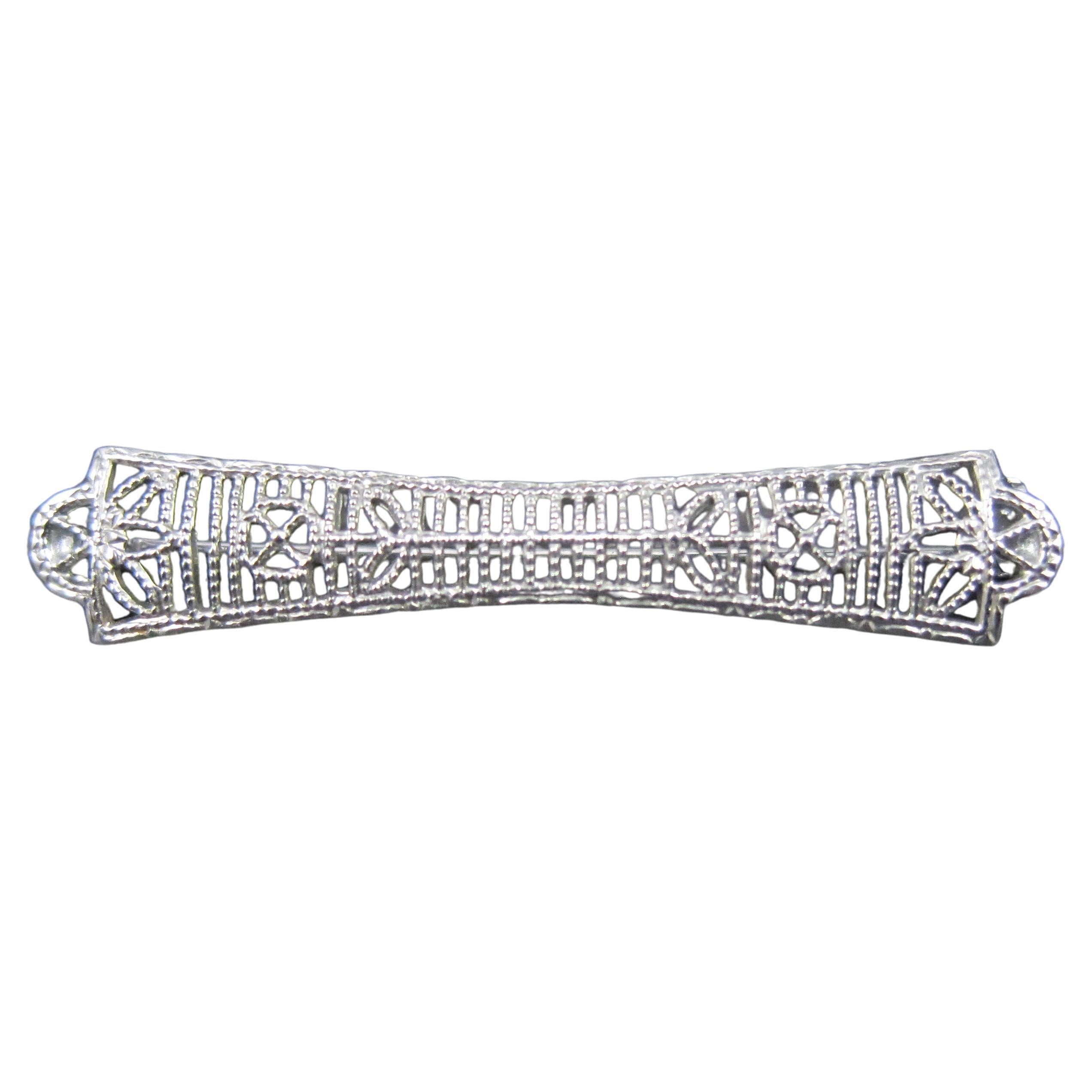 Small Antique 10K White Gold Filigree Bar Pin