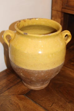 Small Antique French Part Glaze Yellow Confit Pot Terracotta Vase Urn