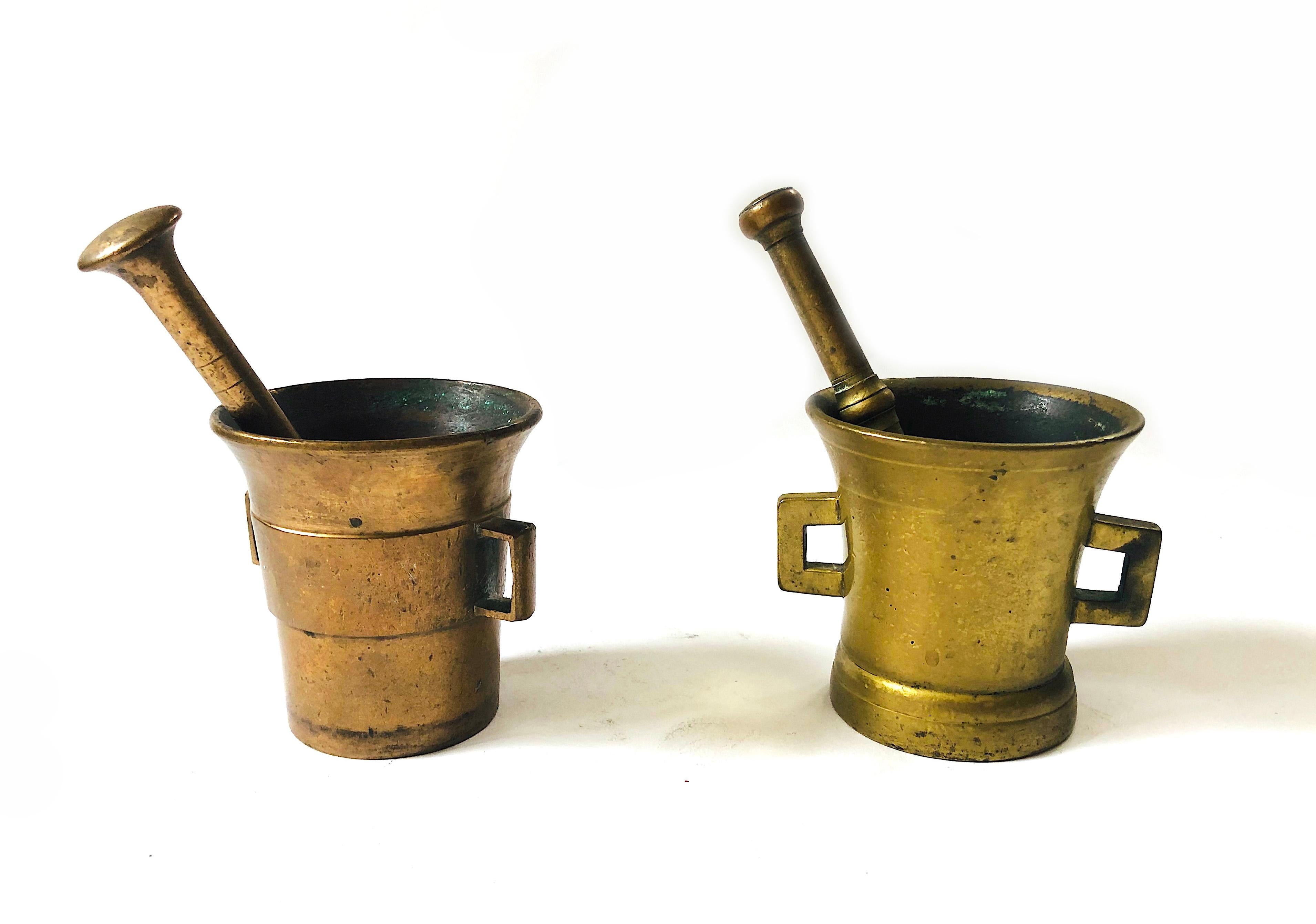 Classical Roman Small Antique 1900s Solid Brass Apothecary Mortars and Pestles - Set of 2 For Sale