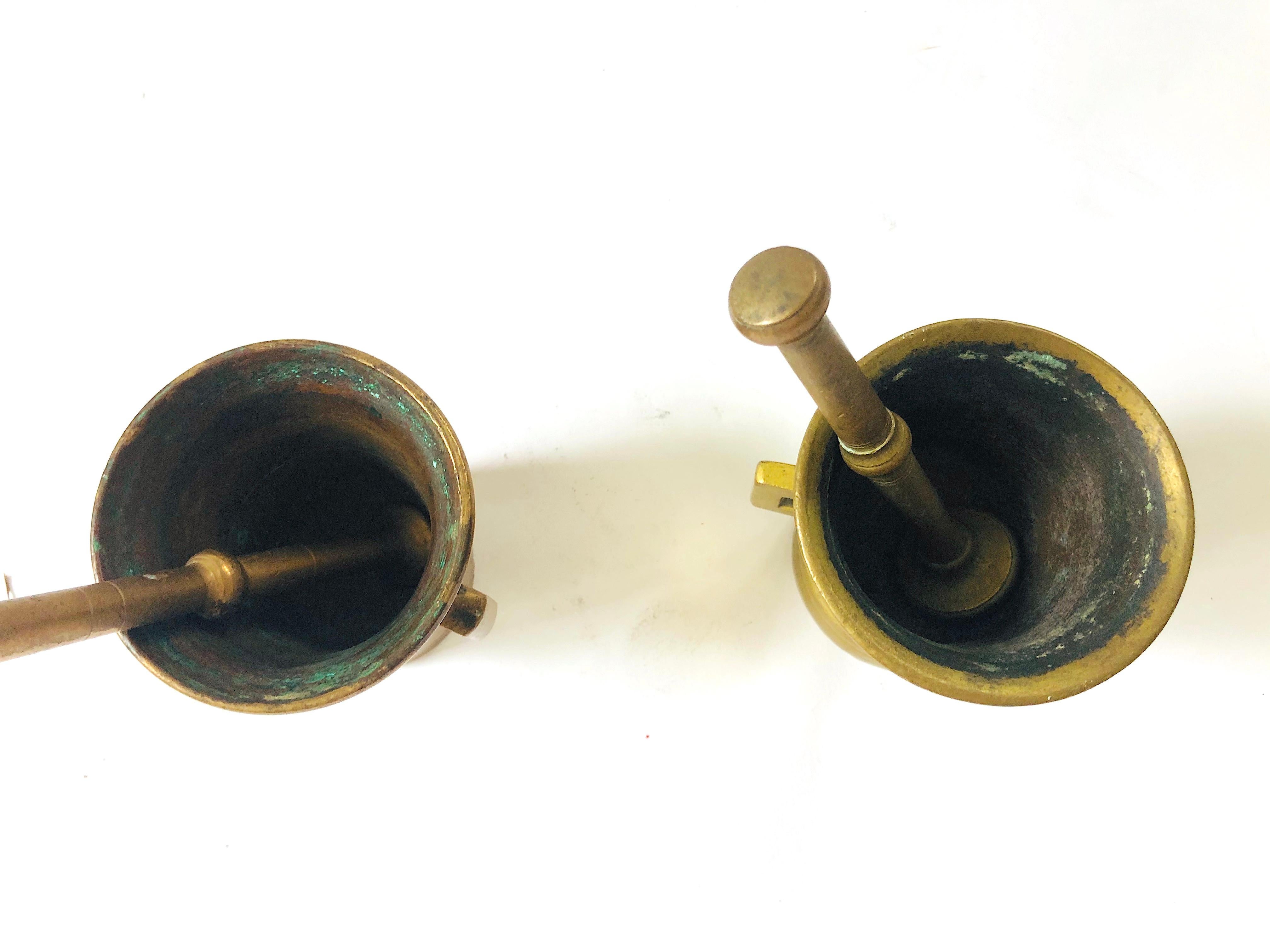 Unknown Small Antique 1900s Solid Brass Apothecary Mortars and Pestles - Set of 2 For Sale